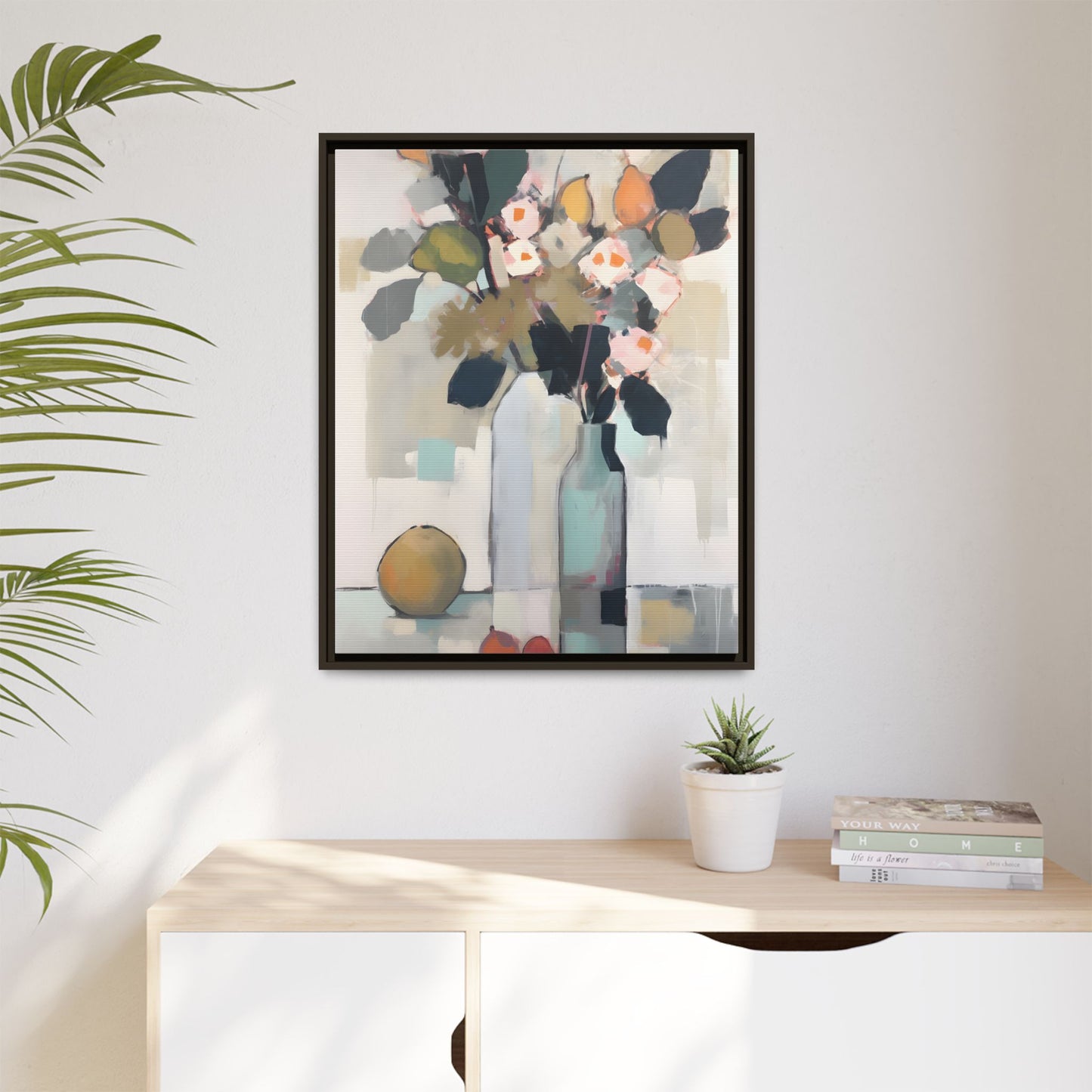 Modern Floral Still Life Wall Art – Framed Canvas with Bold Leaves and Citrus in Vase