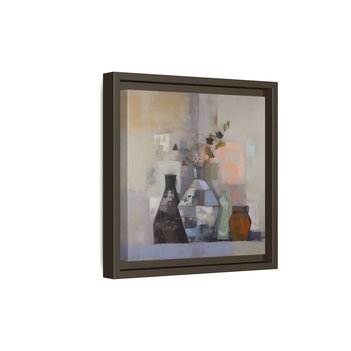 Earthy Bottle Still Life Wall Art – Framed Abstract Canvas with Geometric Vases in Neutral Tones