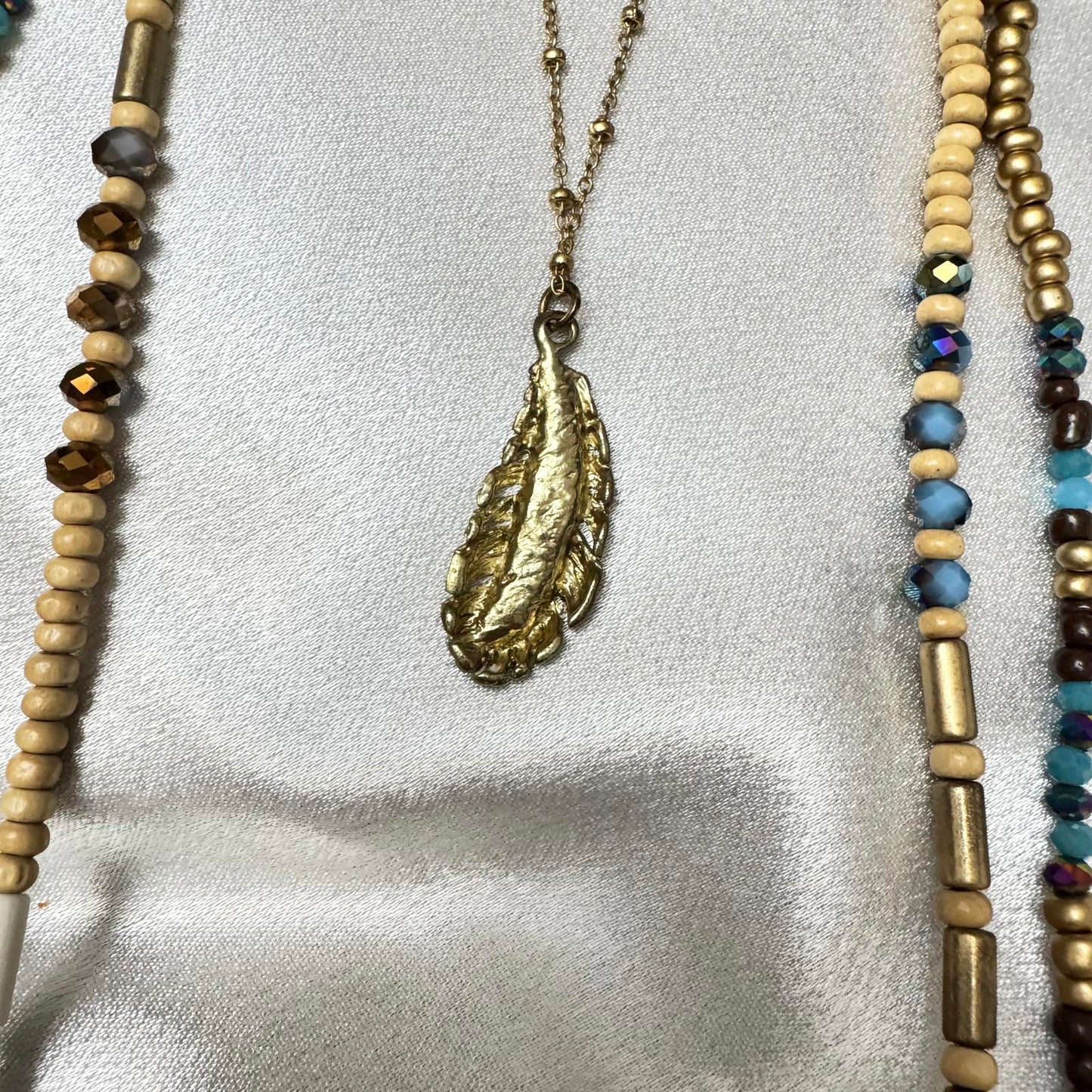 Bohemian Layered Necklace with Wood, Turquoise, and AB Color Beads/Leaf Pendant