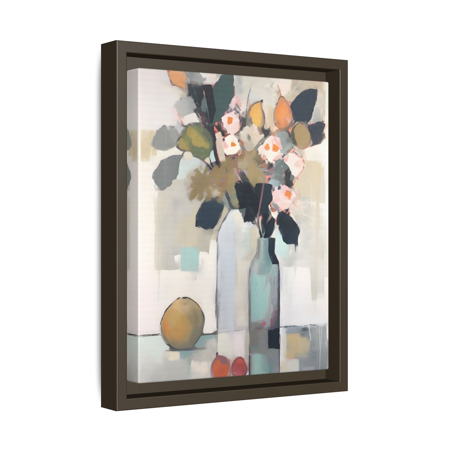 Modern Floral Still Life Wall Art – Framed Canvas with Bold Leaves and Citrus in Vase