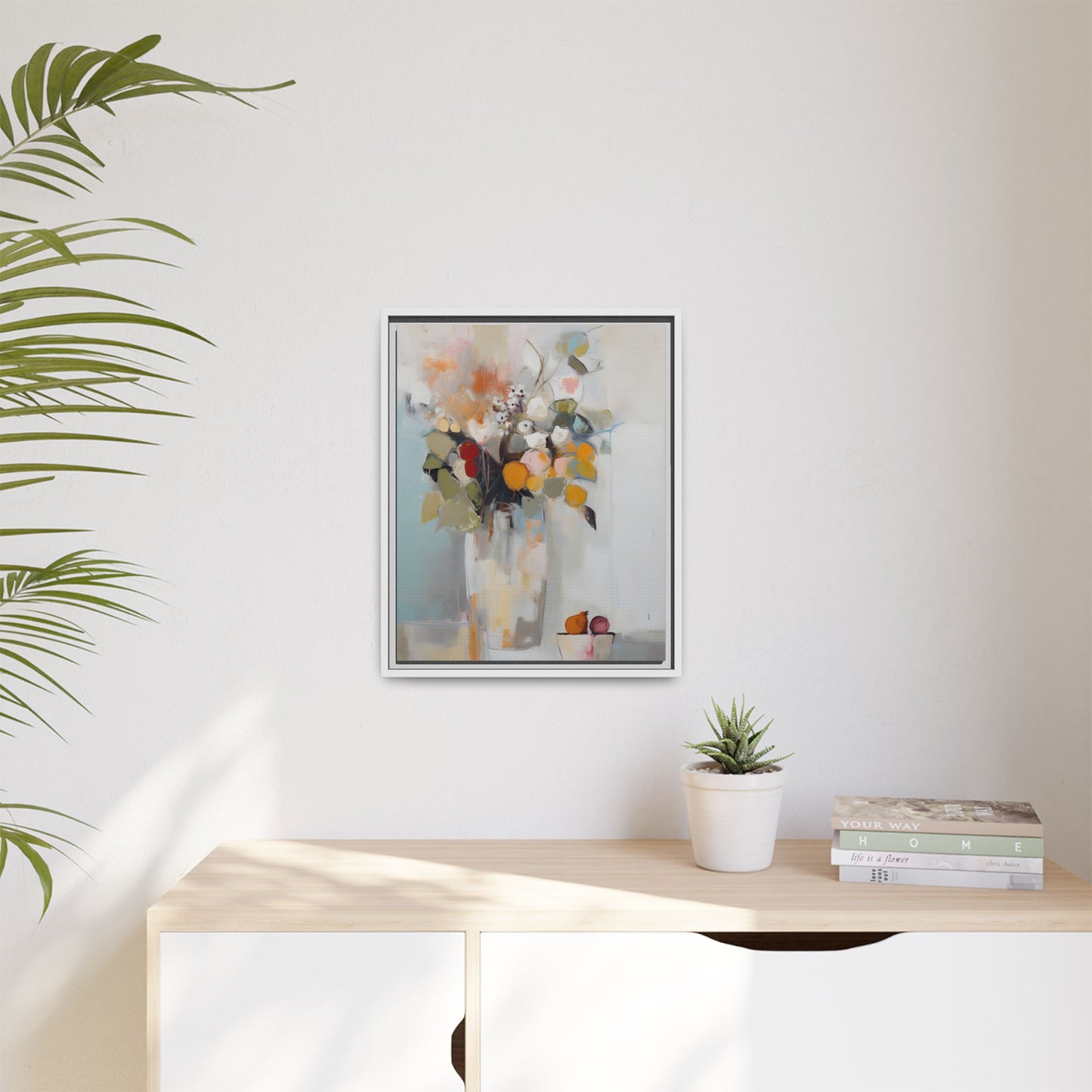 Colorful Floral Still Life Wall Art – Framed Abstract Canvas with Bright Blooms and Fruit Bowl