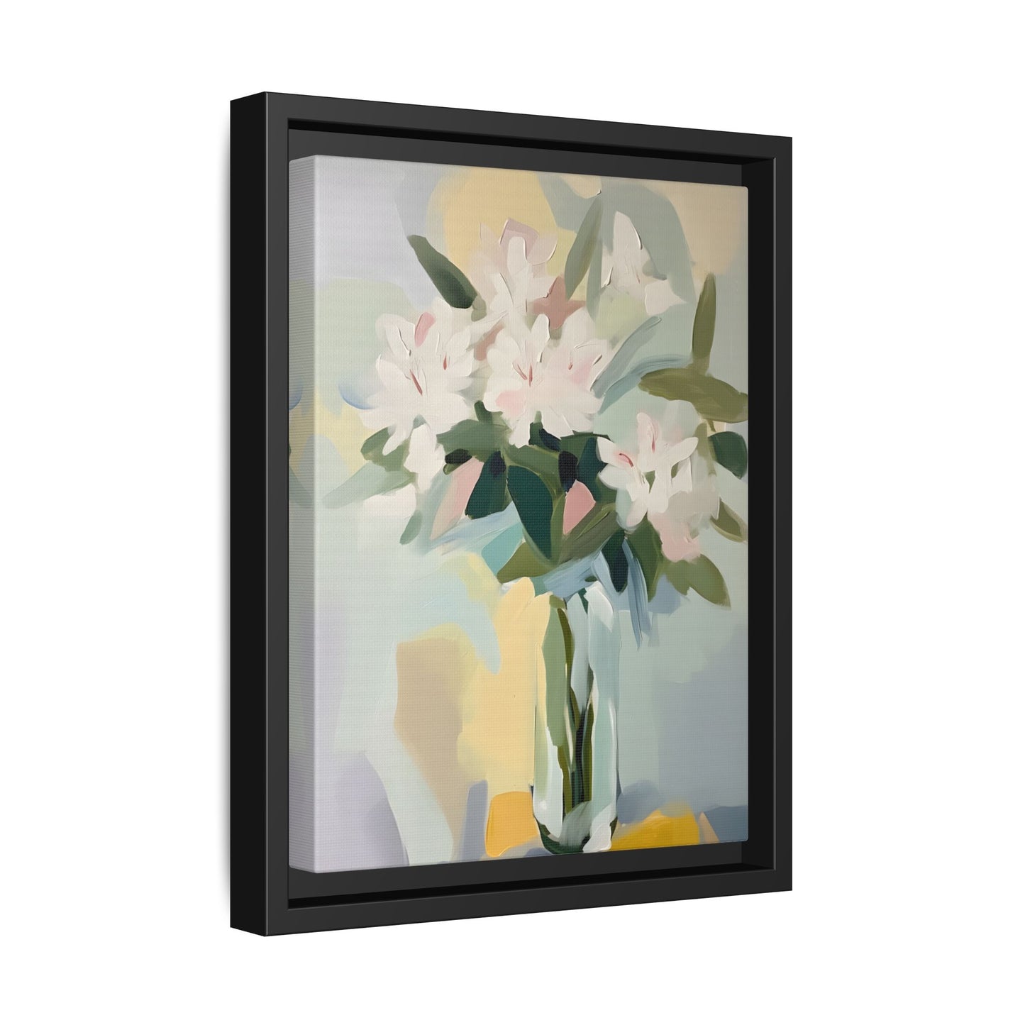 Soft Abstract Floral Wall Art – Framed Modern Canvas with White Flowers in Green Vase