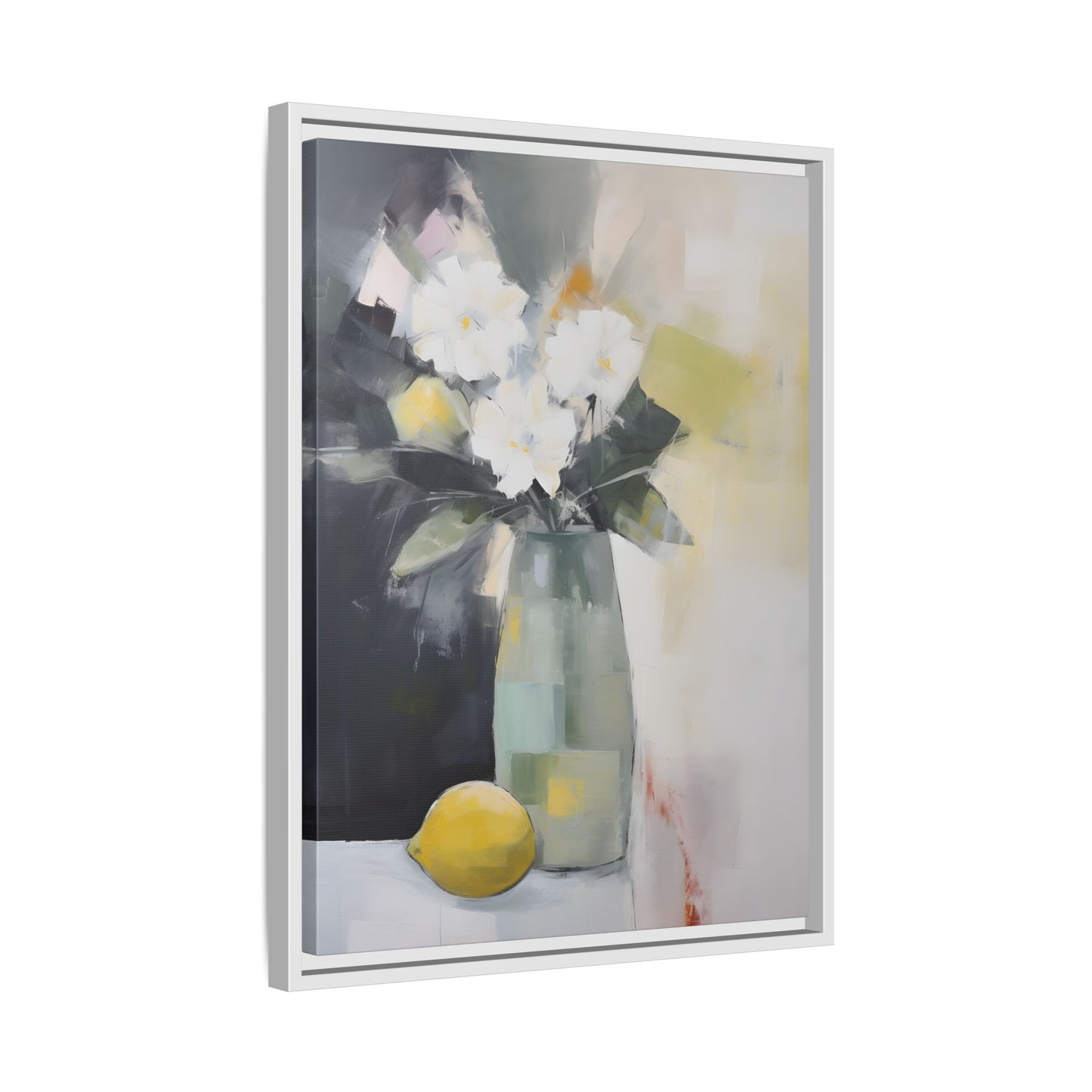 Modern Floral Still Life Wall Art – Framed Canvas with White Flowers and Lemon in Soft Green Vase