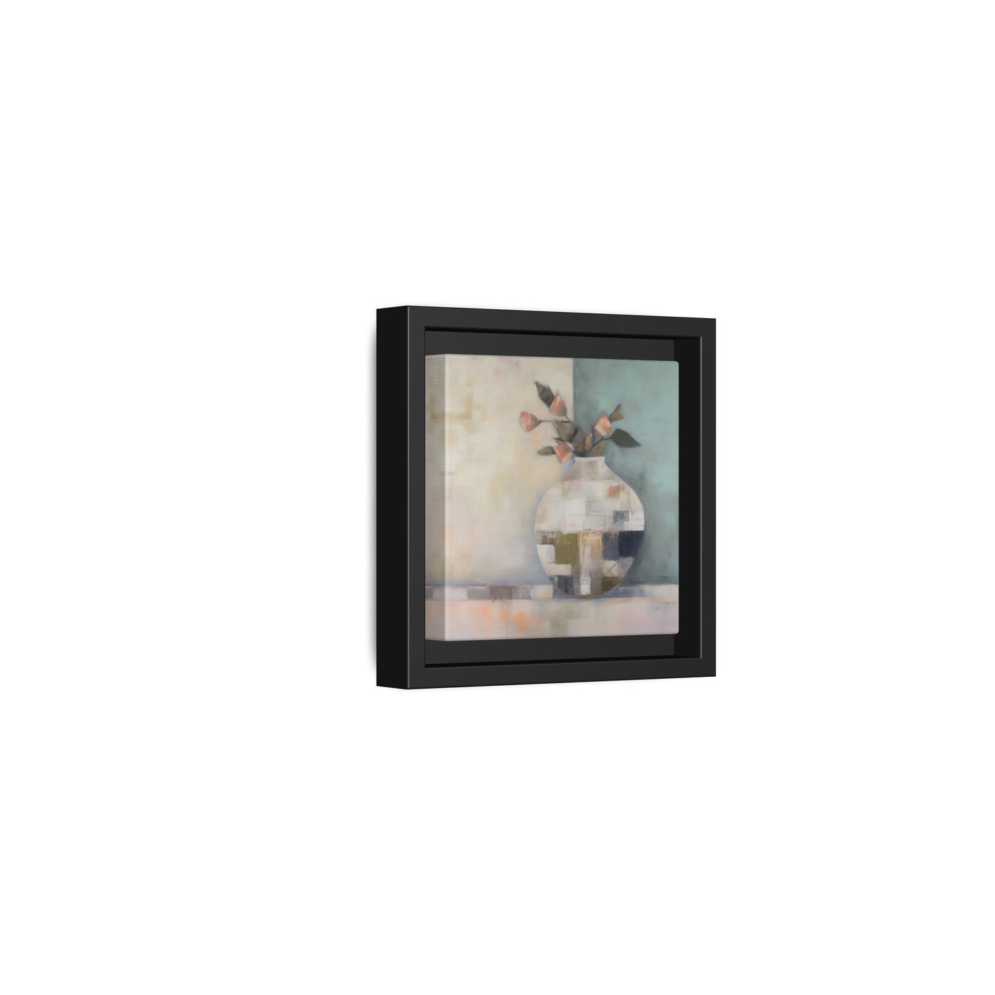 Geometric Floral Still Life Wall Art – Framed Abstract Canvas with Vase and Blush Pink Buds