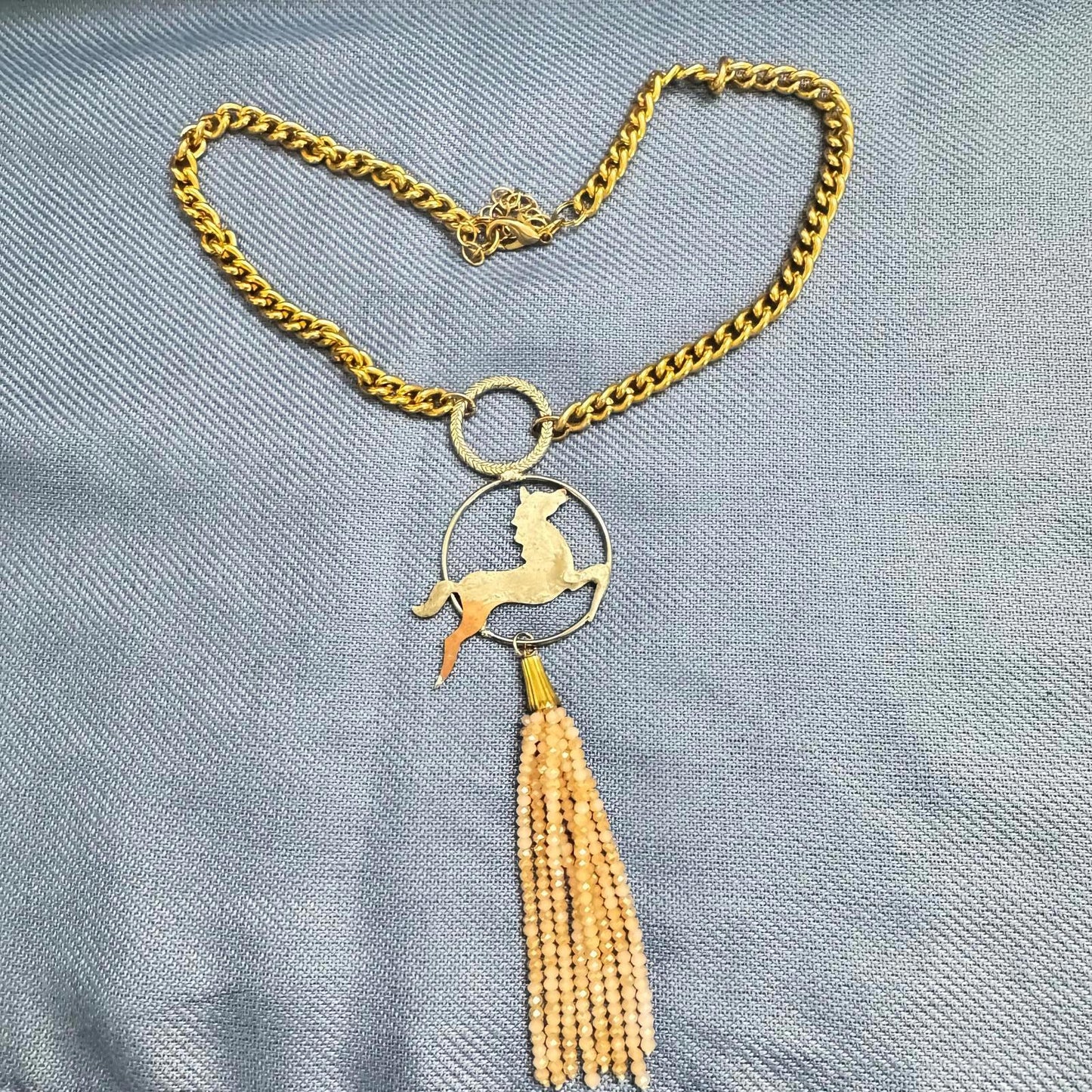 Handcrafted Reclaimed Material Brass Horse Pendant & Tassel Necklace Mixed Metal