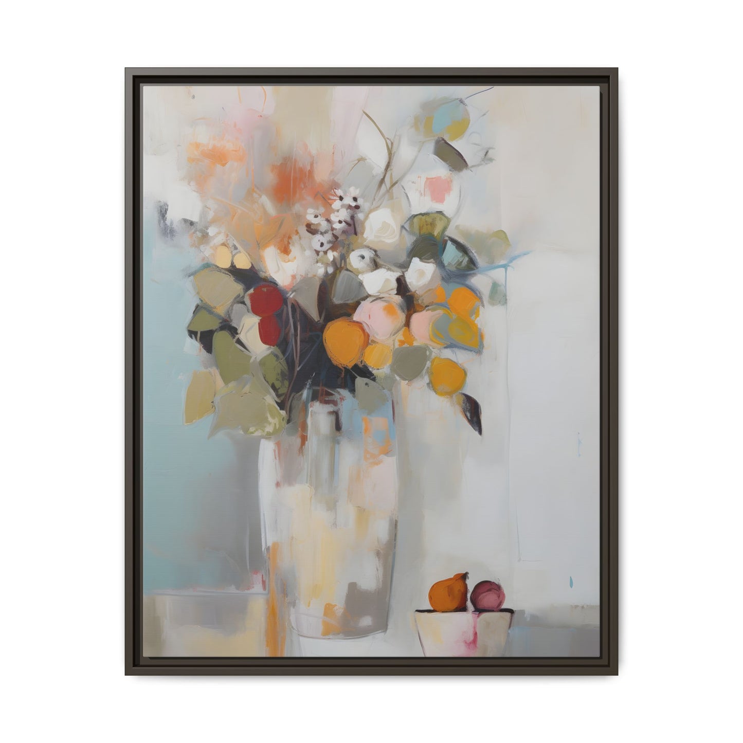 Colorful Floral Still Life Wall Art – Framed Abstract Canvas with Bright Blooms and Fruit Bowl