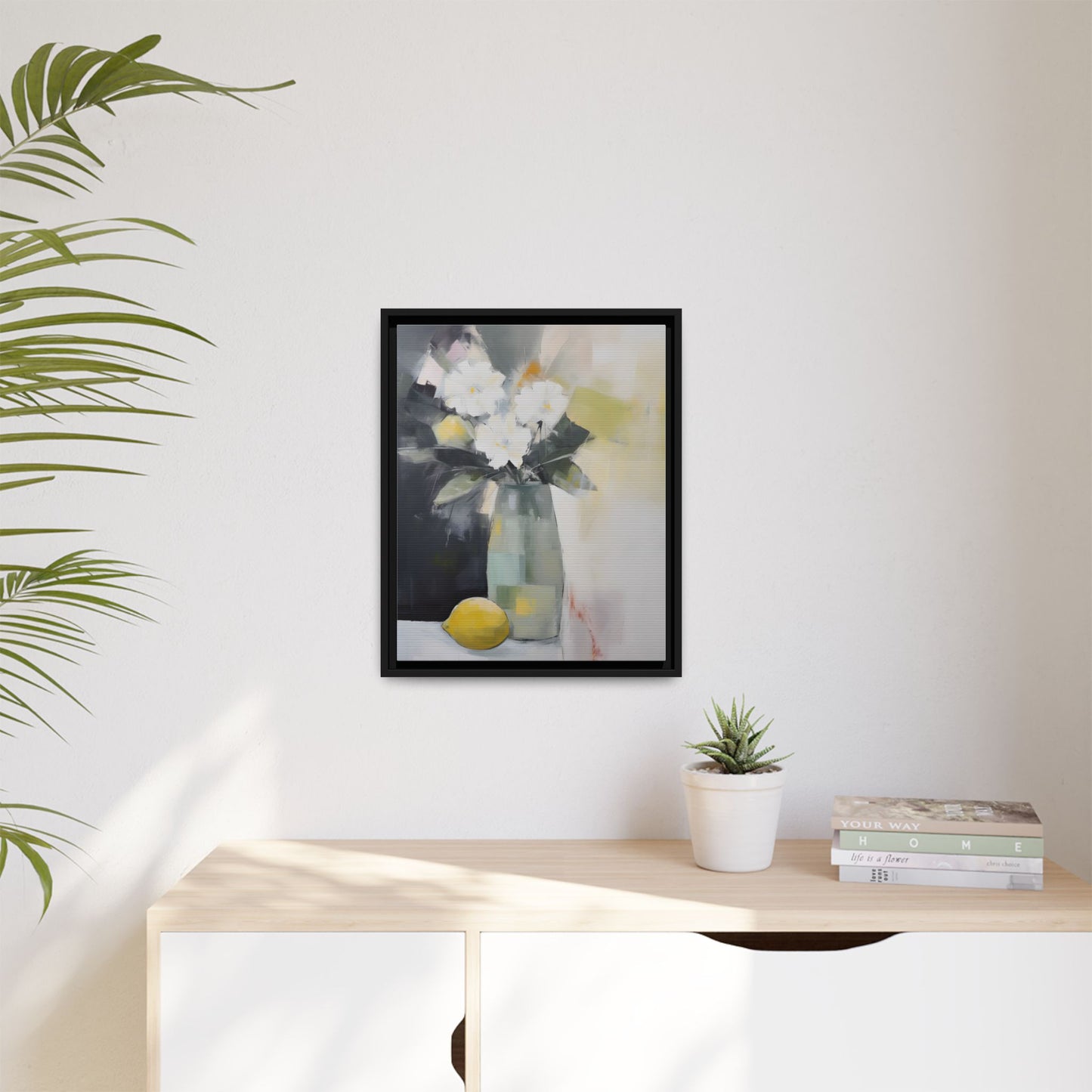 Modern Floral Still Life Wall Art – Framed Canvas with White Flowers and Lemon in Soft Green Vase