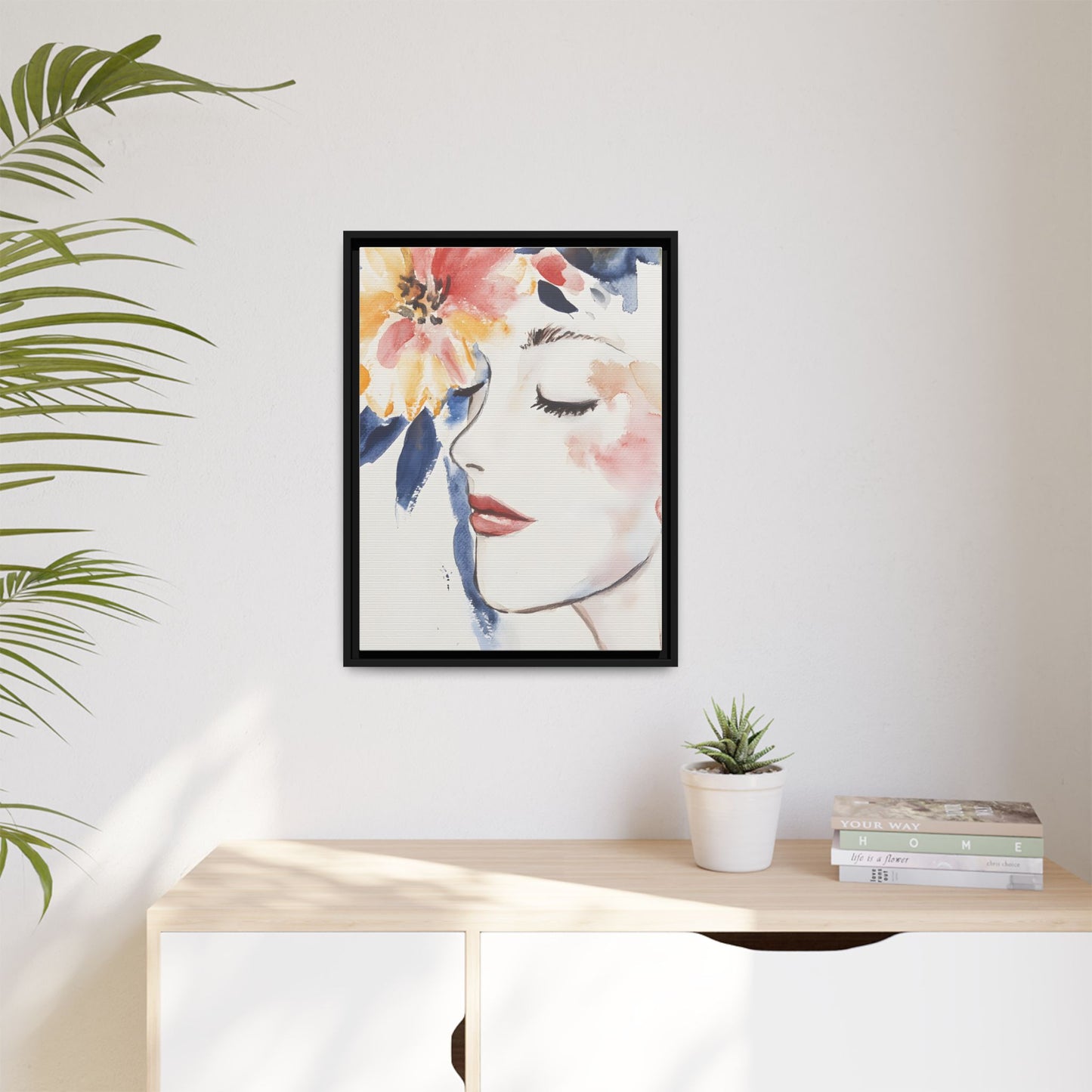 Multi-Color Framed Matte Canvas Art - Floral Face Portrait