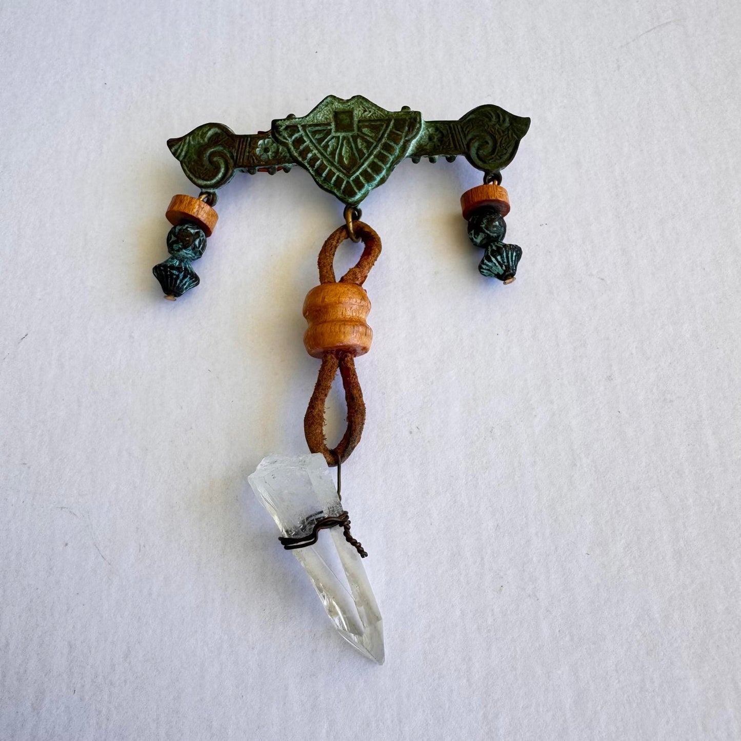 Vintage Artisan Crystal with Wood and Metal Accents Pendant Brooch