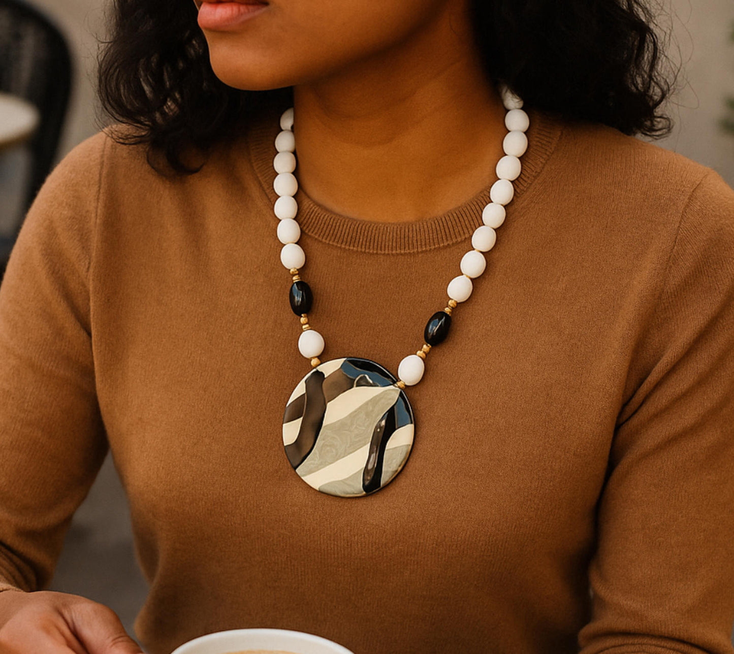 Elegant Multi-Colored Beaded Necklace with Statement Enamel Pendant
