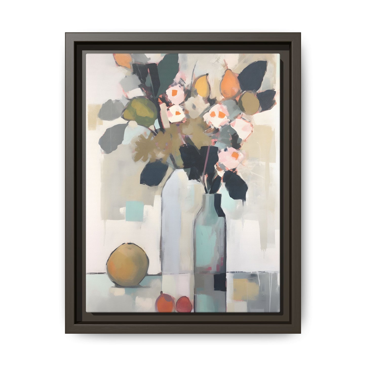 Modern Floral Still Life Wall Art – Framed Canvas with Bold Leaves and Citrus in Vase
