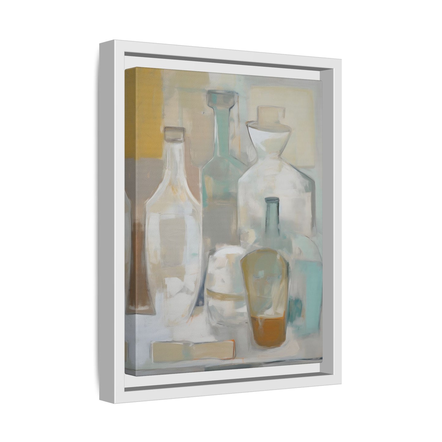 Modern Still Life Wall Art – Neutral Bottles Framed Canvas in Beige, Aqua & Amber