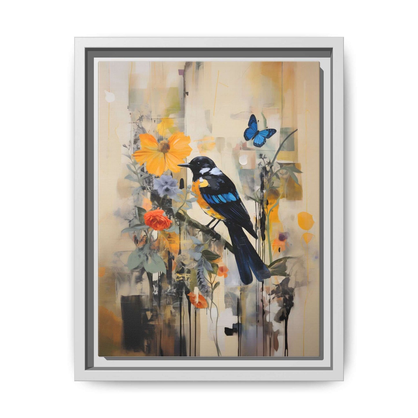 Framed canvas art featuring a colorful bird and butterfly with vibrant floral background, perfect for home decor.