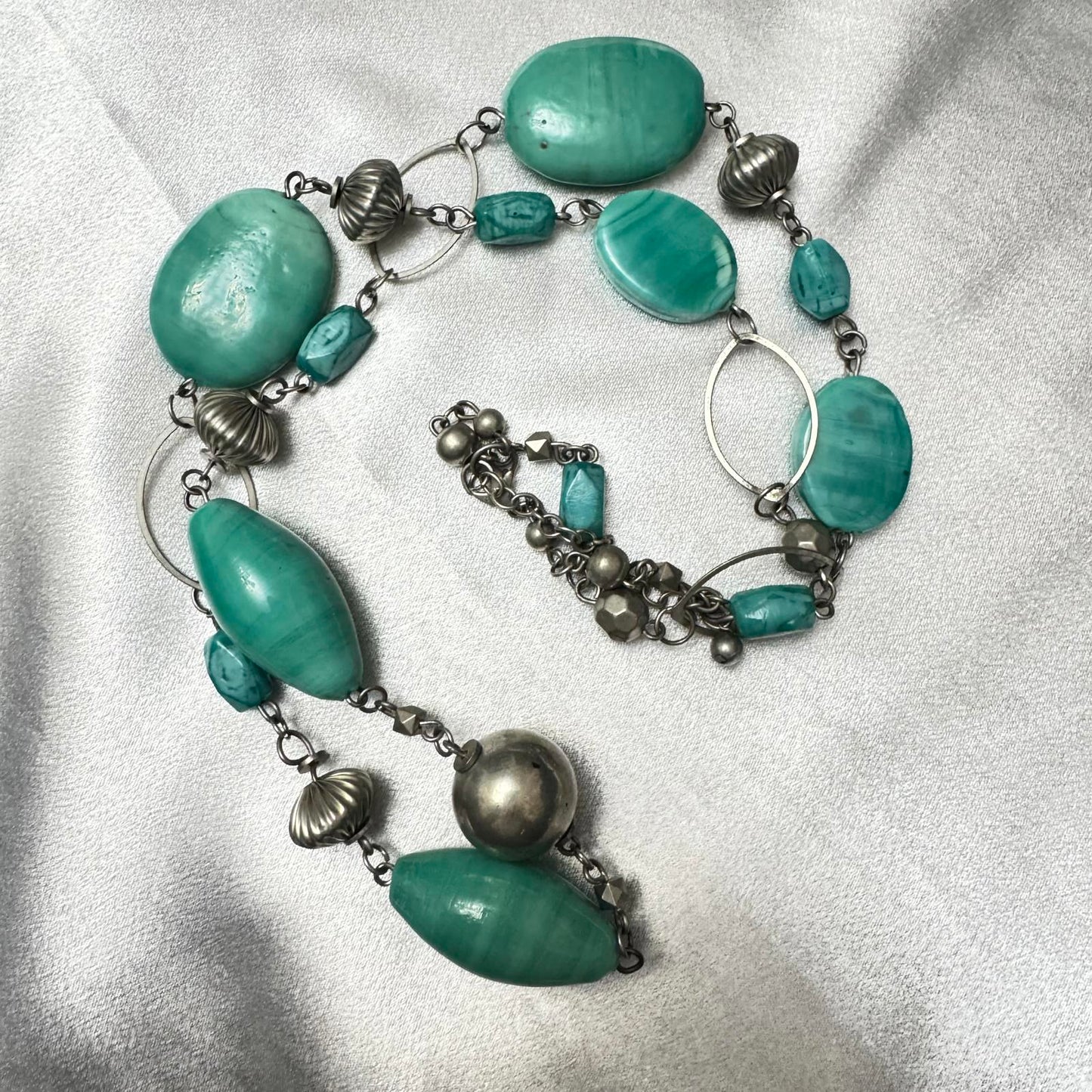 Vintage Turquoise Glass Beads & Silver Tone Necklace BoHo Artistic Statement