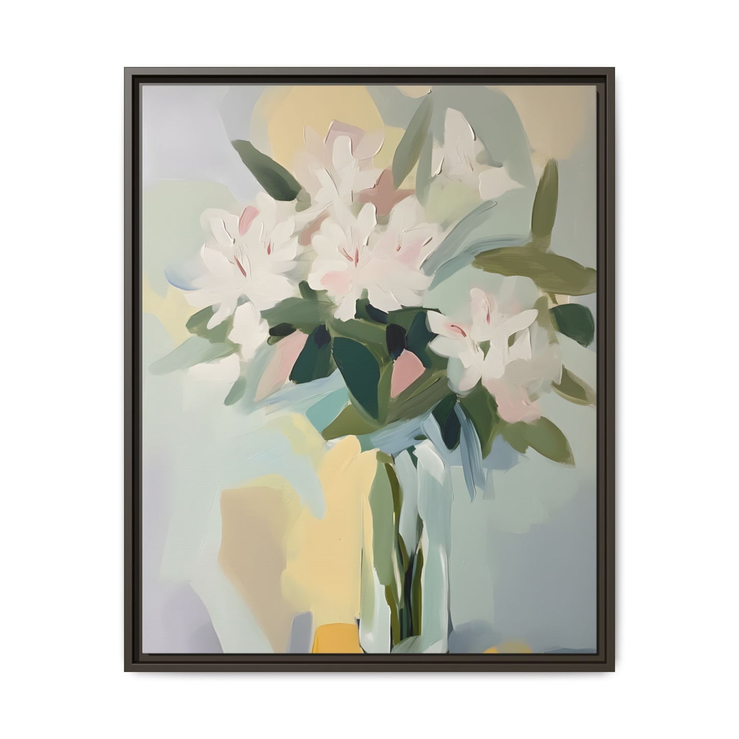 Soft Abstract Floral Wall Art – Framed Modern Canvas with White Flowers in Green Vase