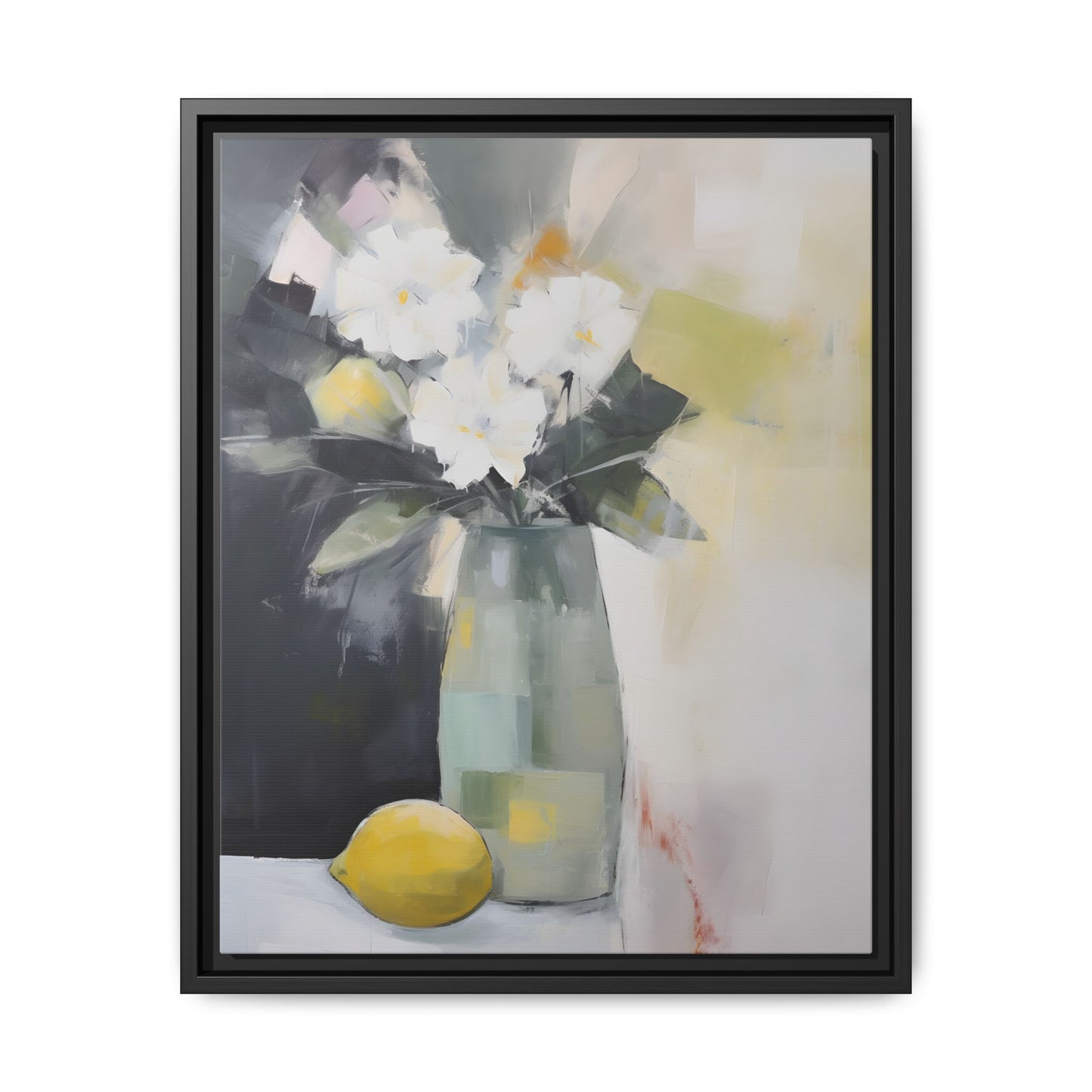 Modern Floral Still Life Wall Art – Framed Canvas with White Flowers and Lemon in Soft Green Vase