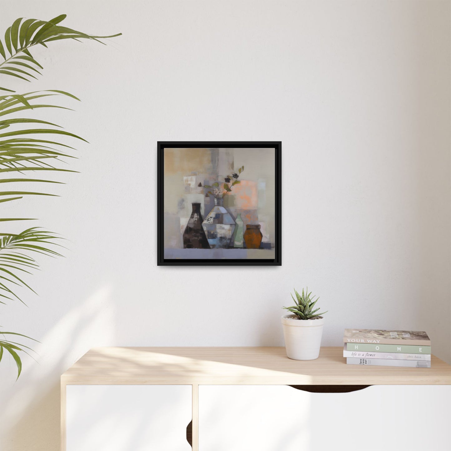 Earthy Bottle Still Life Wall Art – Framed Abstract Canvas with Geometric Vases in Neutral Tones