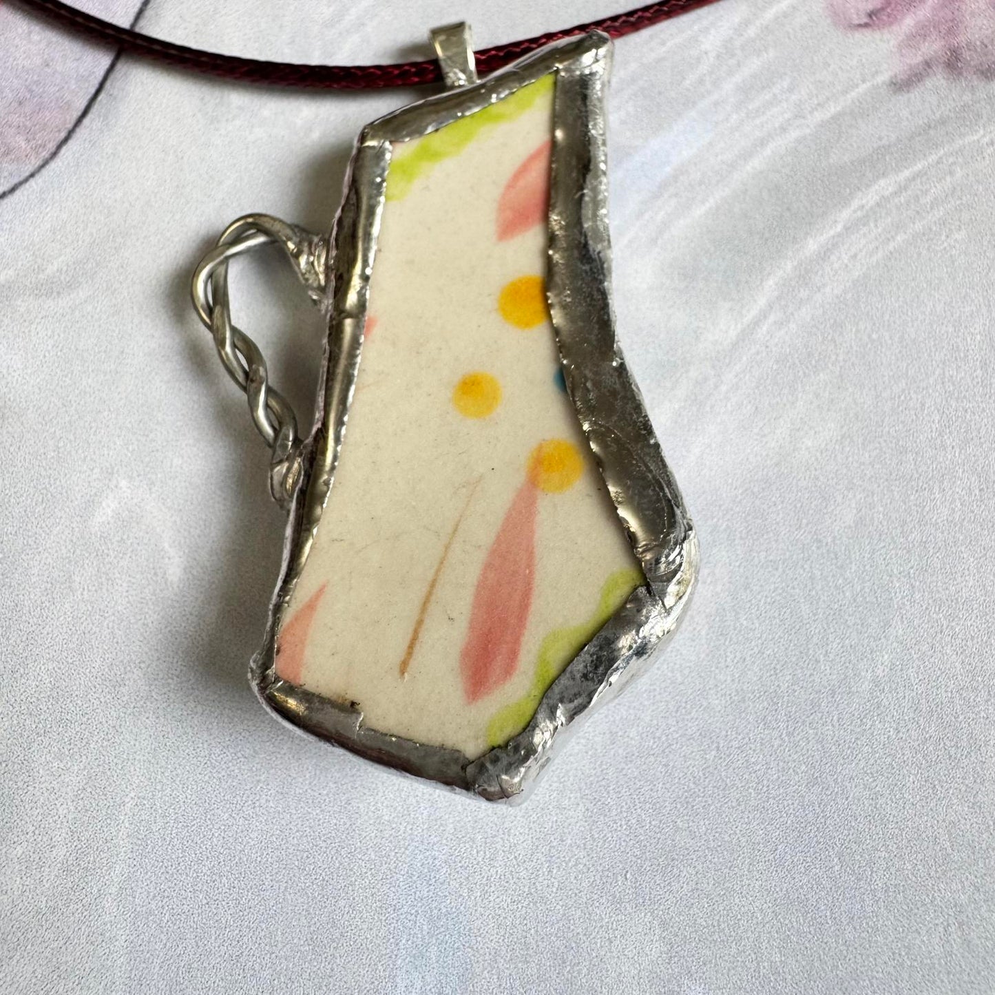 Broken China Teapot Shape Handmade Floral Pendant