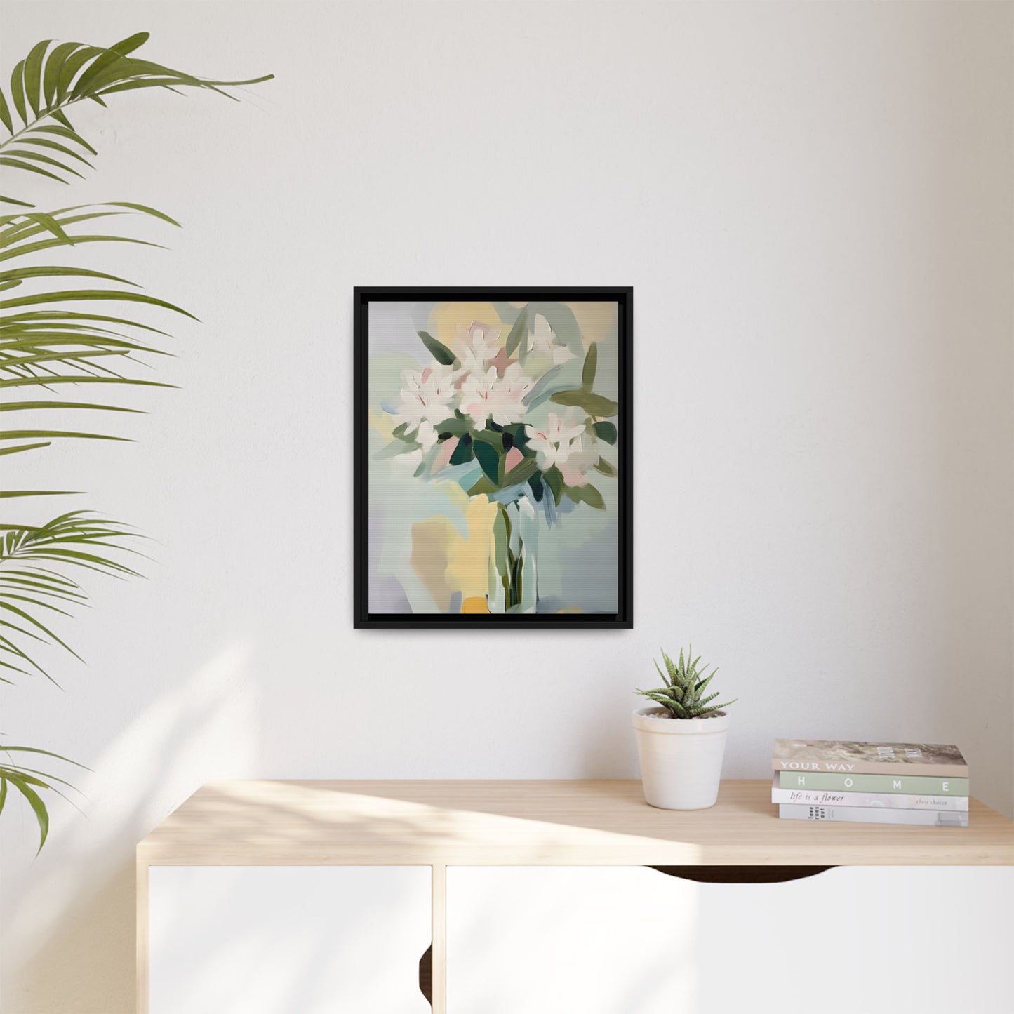 Soft Abstract Floral Wall Art – Framed Modern Canvas with White Flowers in Green Vase