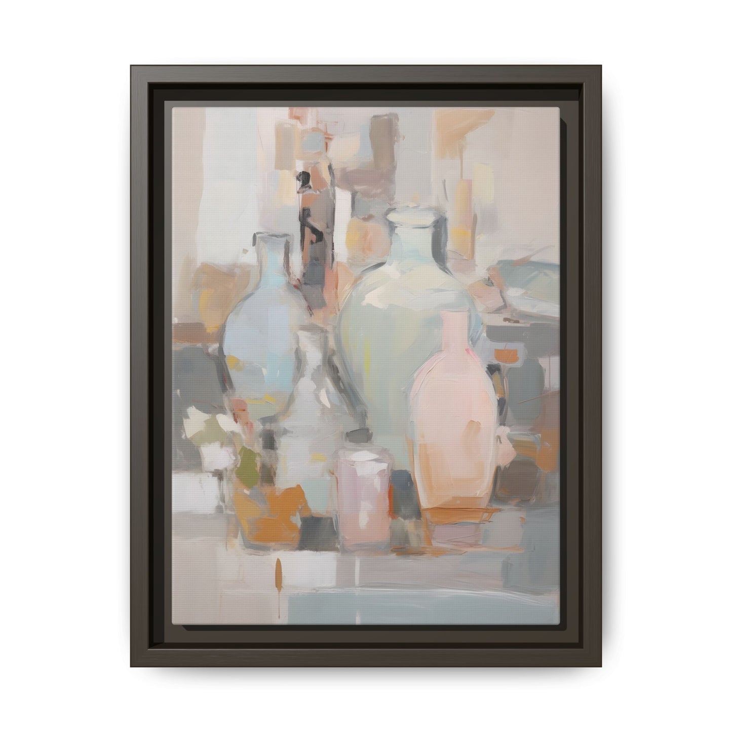 Modern Abstract Still Life Wall Art – Colorful Framed Canvas with Blue, Pink & Terracotta Bottles