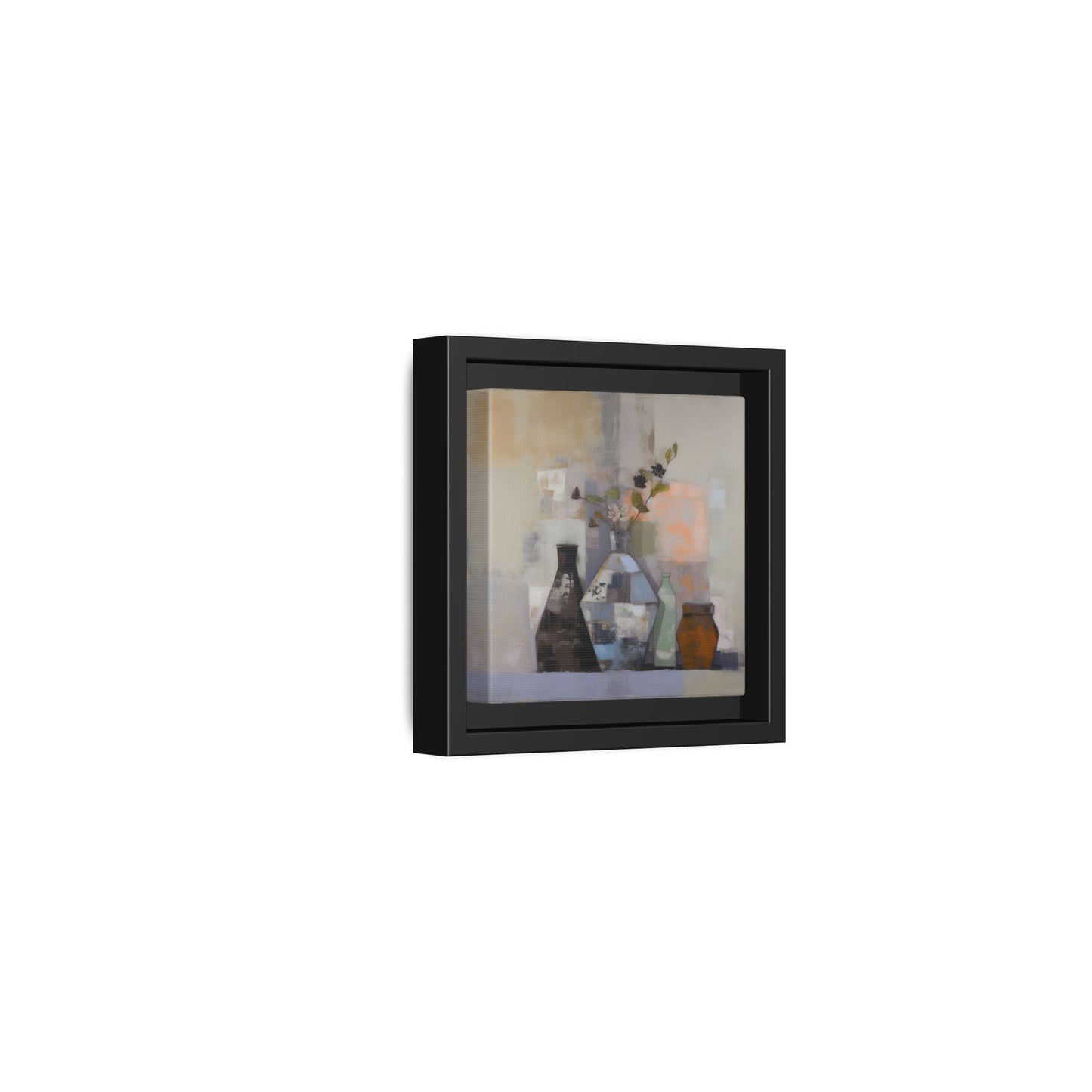 Earthy Bottle Still Life Wall Art – Framed Abstract Canvas with Geometric Vases in Neutral Tones