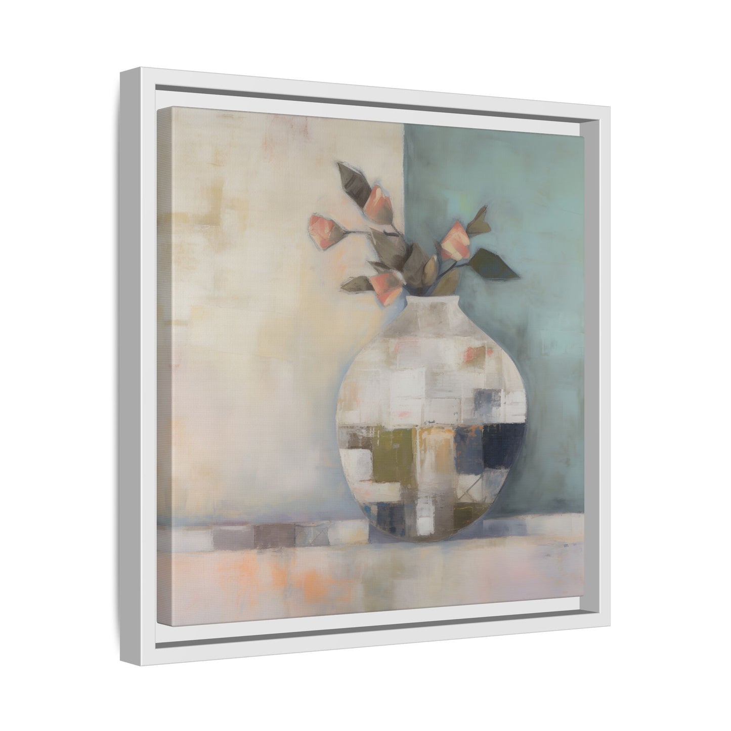 Geometric Floral Still Life Wall Art – Framed Abstract Canvas with Vase and Blush Pink Buds