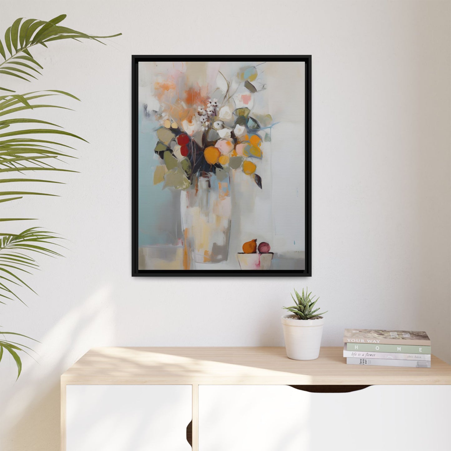 Colorful Floral Still Life Wall Art – Framed Abstract Canvas with Bright Blooms and Fruit Bowl