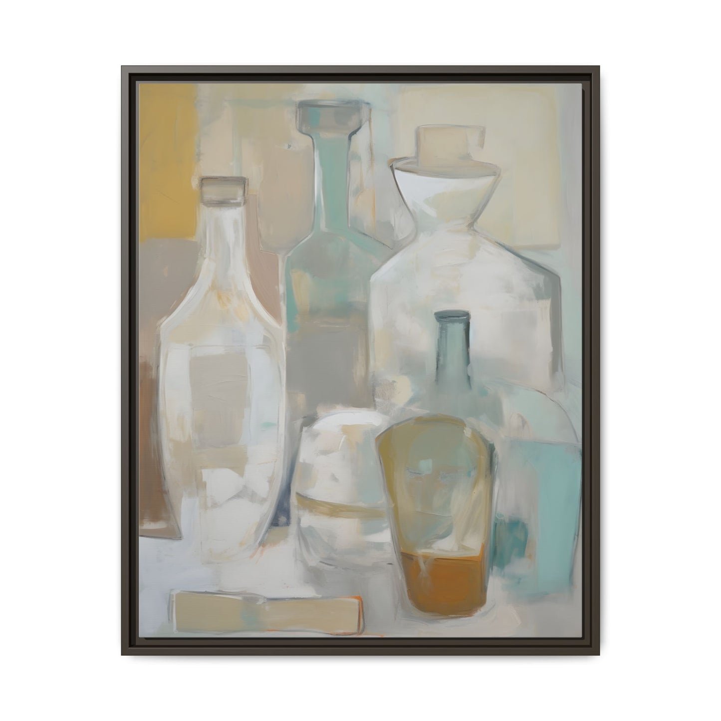 Modern Still Life Wall Art – Neutral Bottles Framed Canvas in Beige, Aqua & Amber