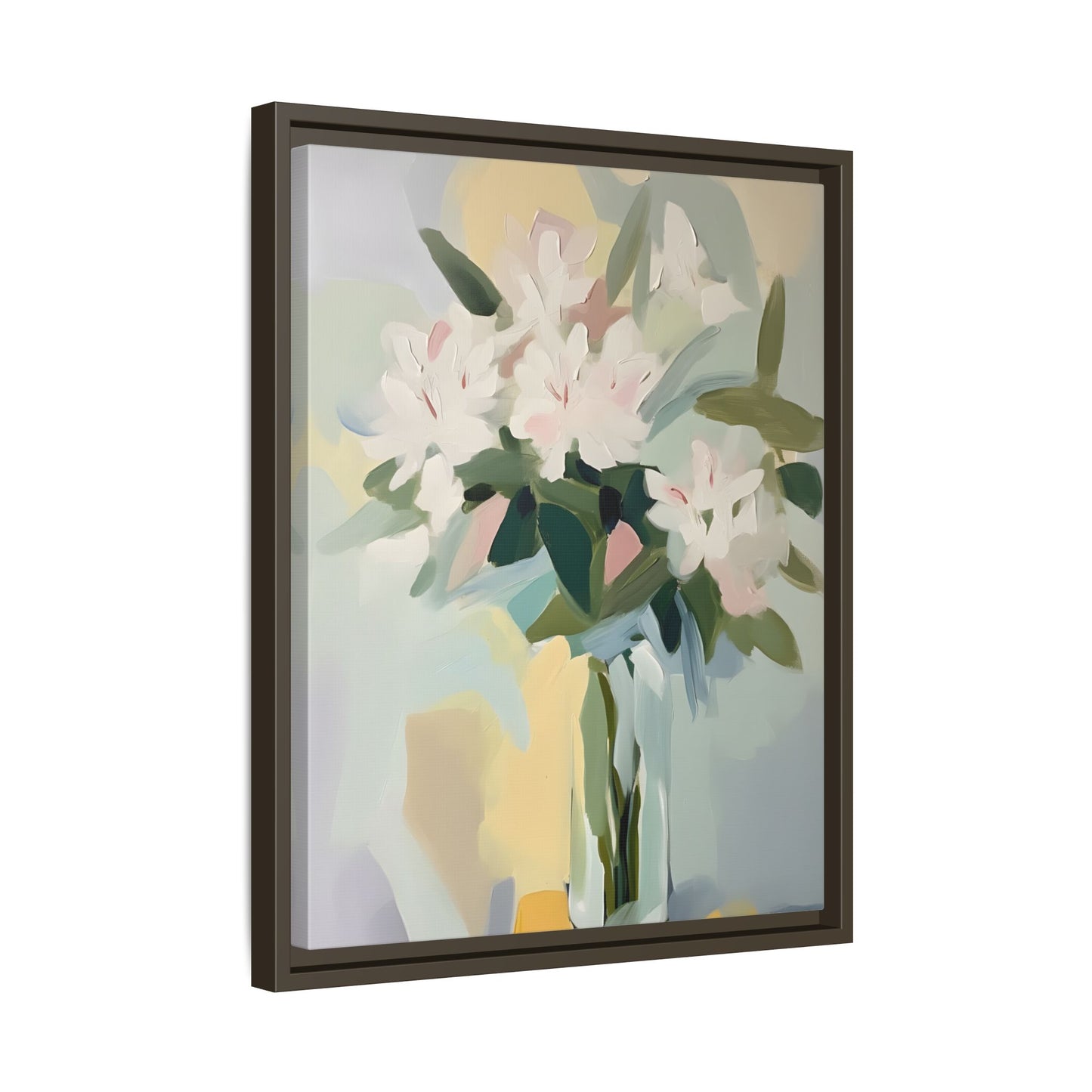 Soft Abstract Floral Wall Art – Framed Modern Canvas with White Flowers in Green Vase
