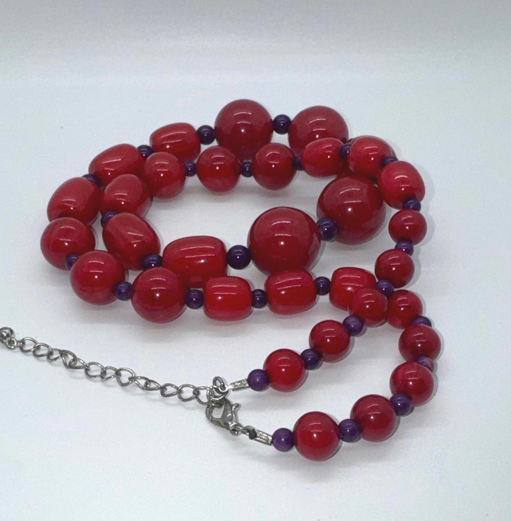 Vintage Red & Purple Beaded Statement Necklace Chunky Bold Retro Jewelry 14”
