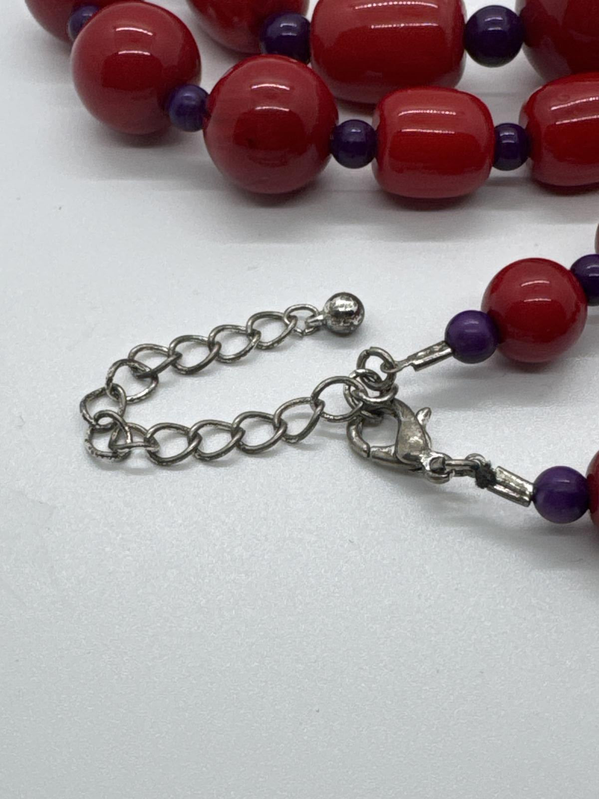 Vintage Red & Purple Beaded Statement Necklace Chunky Bold Retro Jewelry 14”