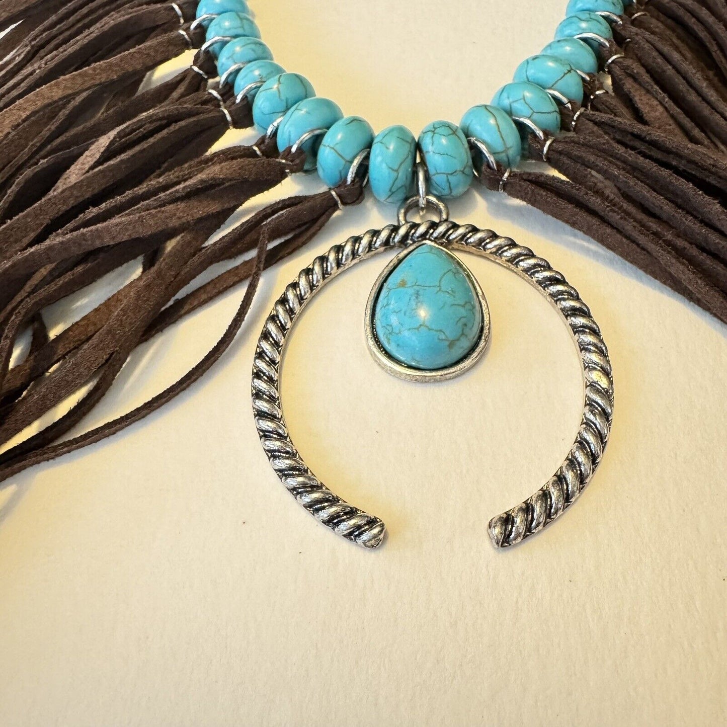 Boho Statement Necklace With Turquoise Color Beads And Faux Suade