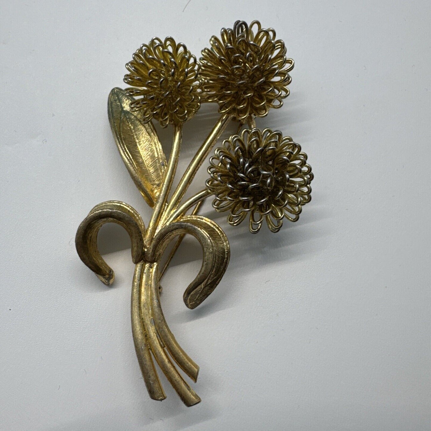 Vtg 3" Yellow Fall Mums Flower Bouquet Brooch Gold Tone Large