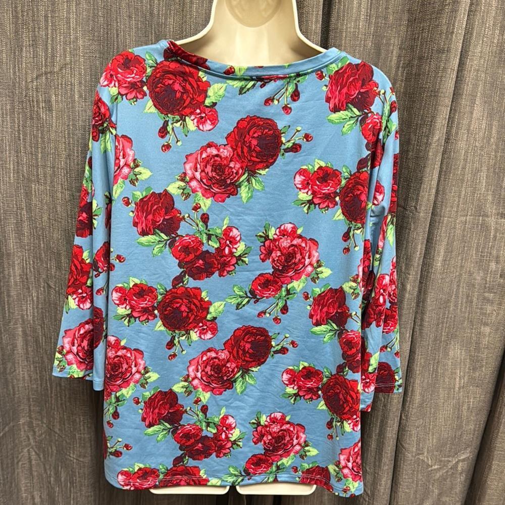 The Pioneer Woman Blue Bell Sleeve Blouse with Red Floral Design
