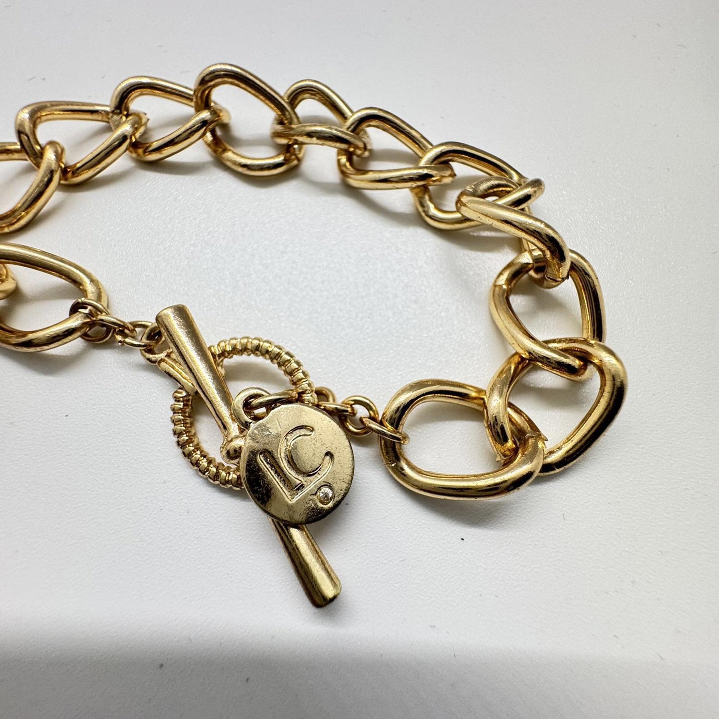 Liz Claiborne Gold-Tone Heart Charm Bracelet – Rhinestone Pave Toggle Clasp