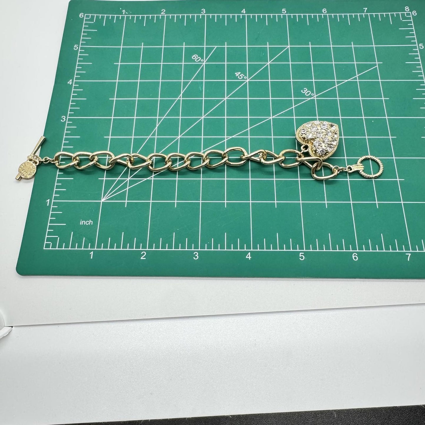Liz Claiborne Gold-Tone Heart Charm Bracelet – Rhinestone Pave Toggle Chain