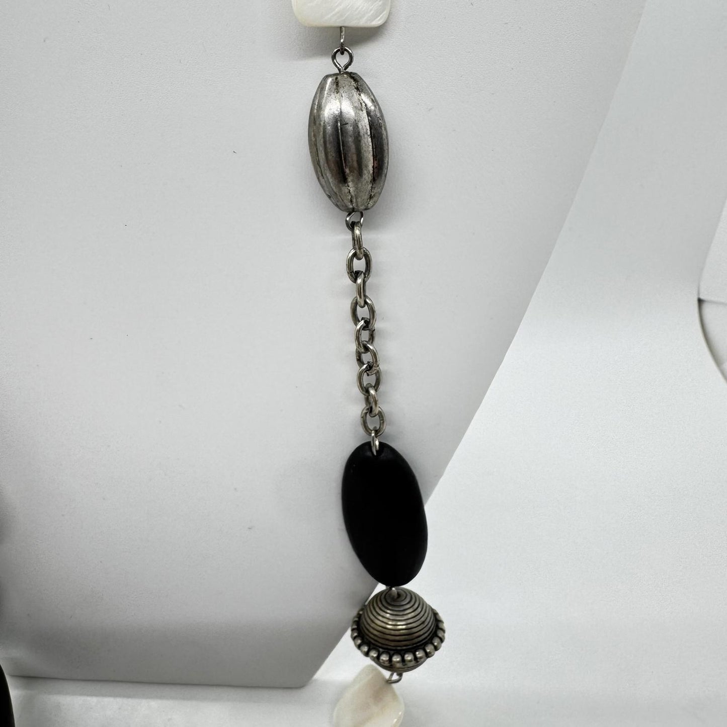 Black & White Mixed Bead Long Statement Necklace – Modern Boho Chunky Jewelry