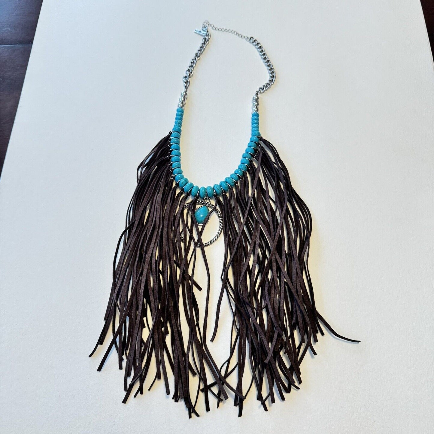 Boho Statement Necklace With Turquoise Color Beads And Faux Suade