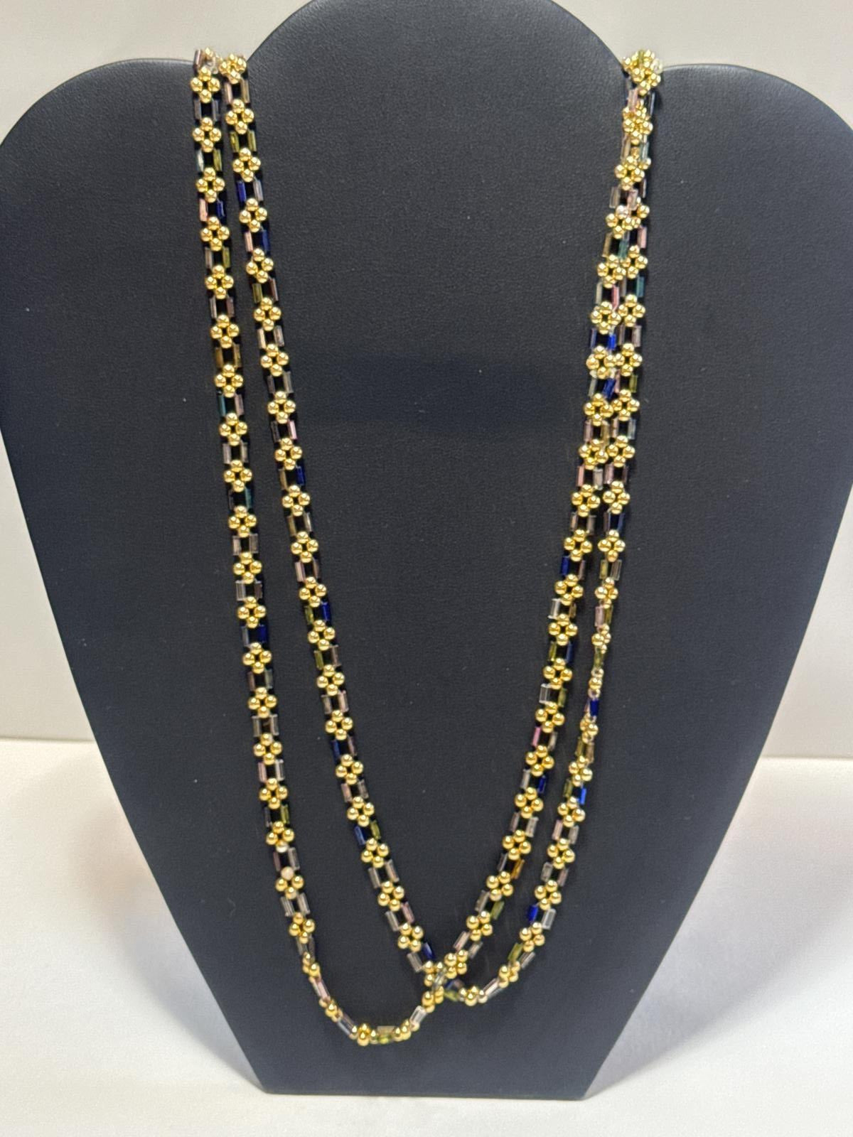 Elegant Gold Tone and Colorful Beaded Necklace Retro Costume Jewelry
