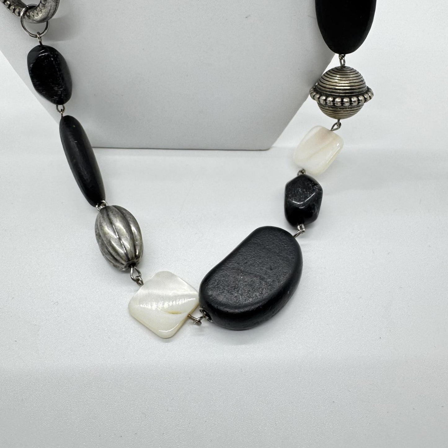 Black & White Mixed Bead Long Statement Necklace – Modern Boho Chunky Jewelry