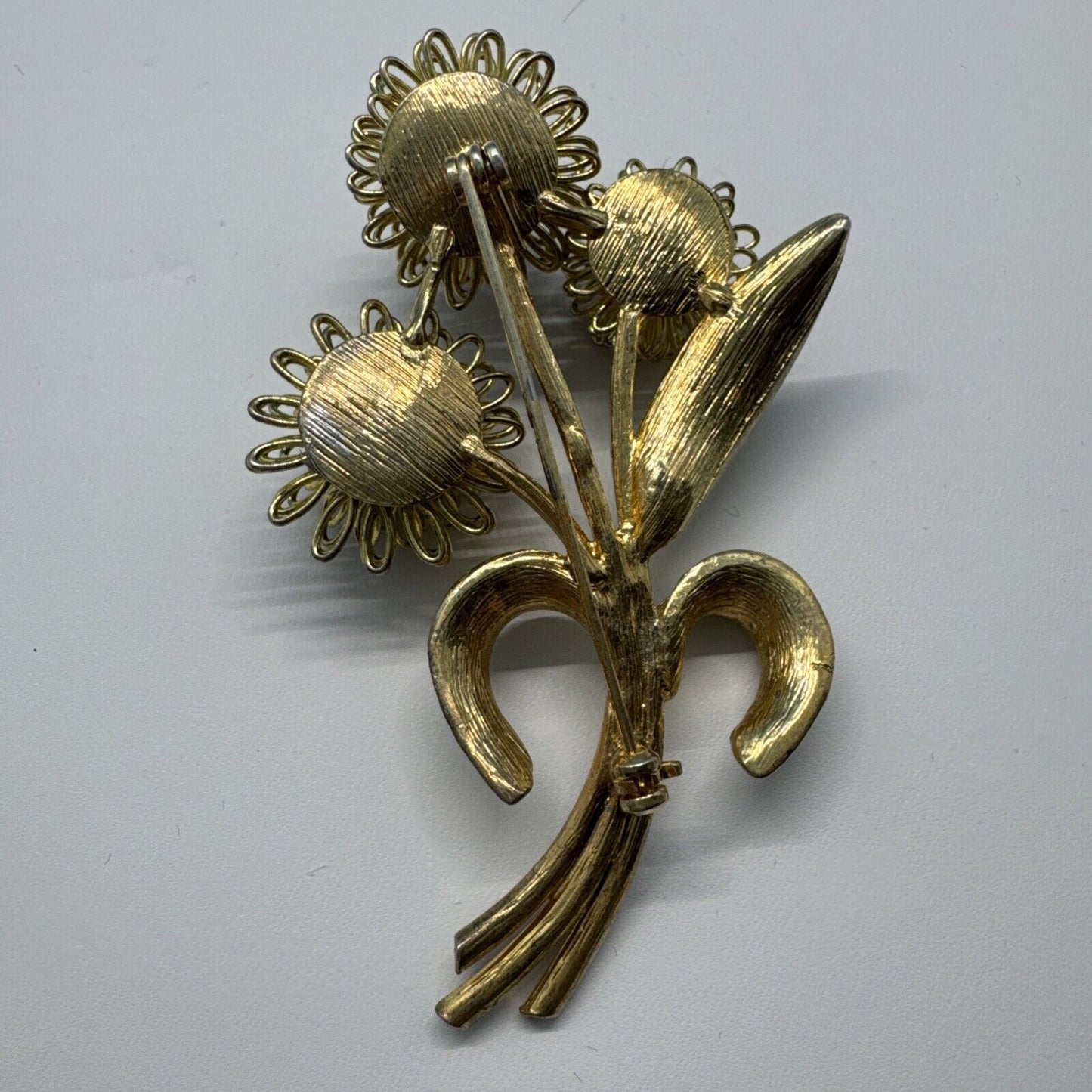 Vtg 3" Yellow Fall Mums Flower Bouquet Brooch Gold Tone Large