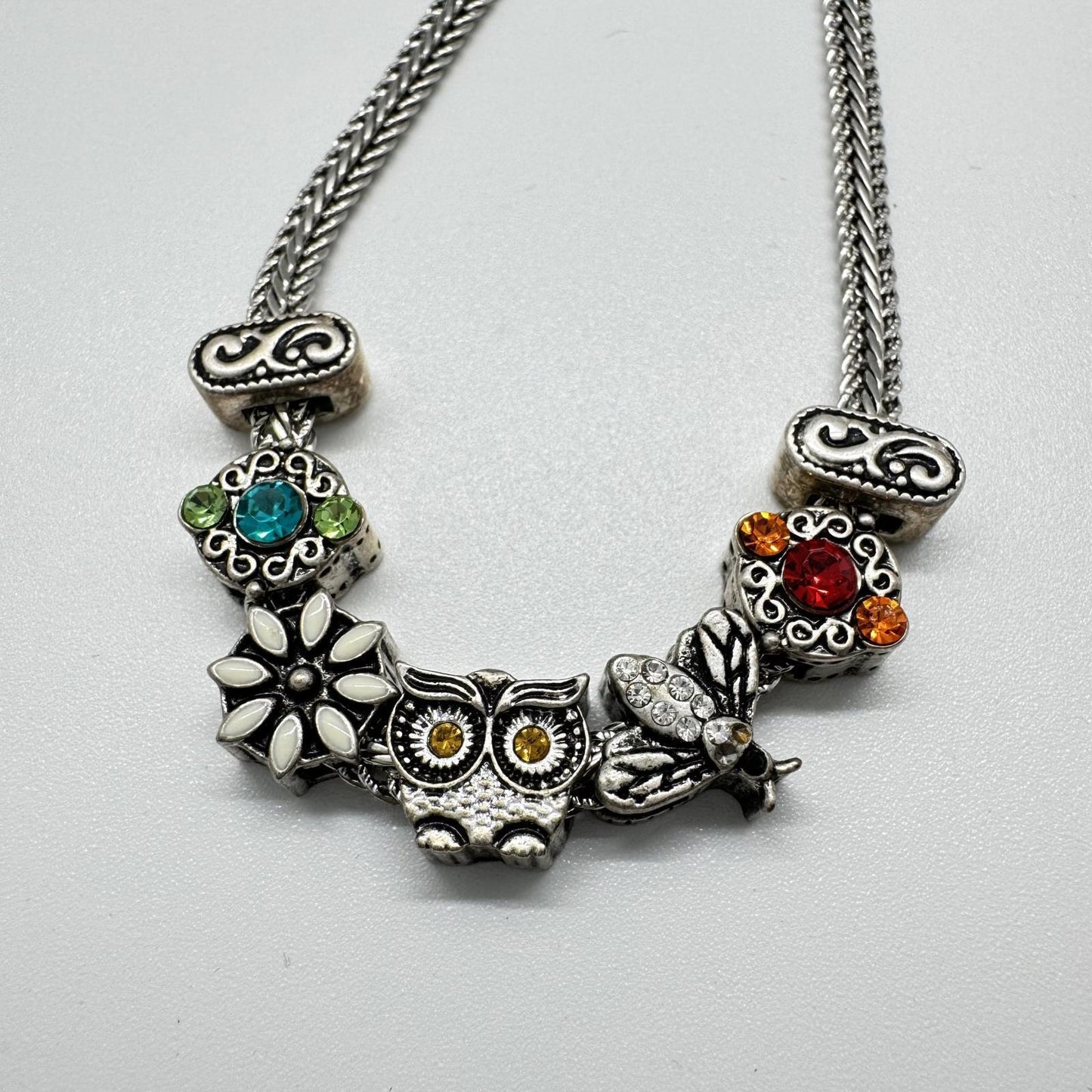 Poesy Silver-Tone Charm Bracelet – Boho Owl & Floral Beads, Vintage-Inspired
