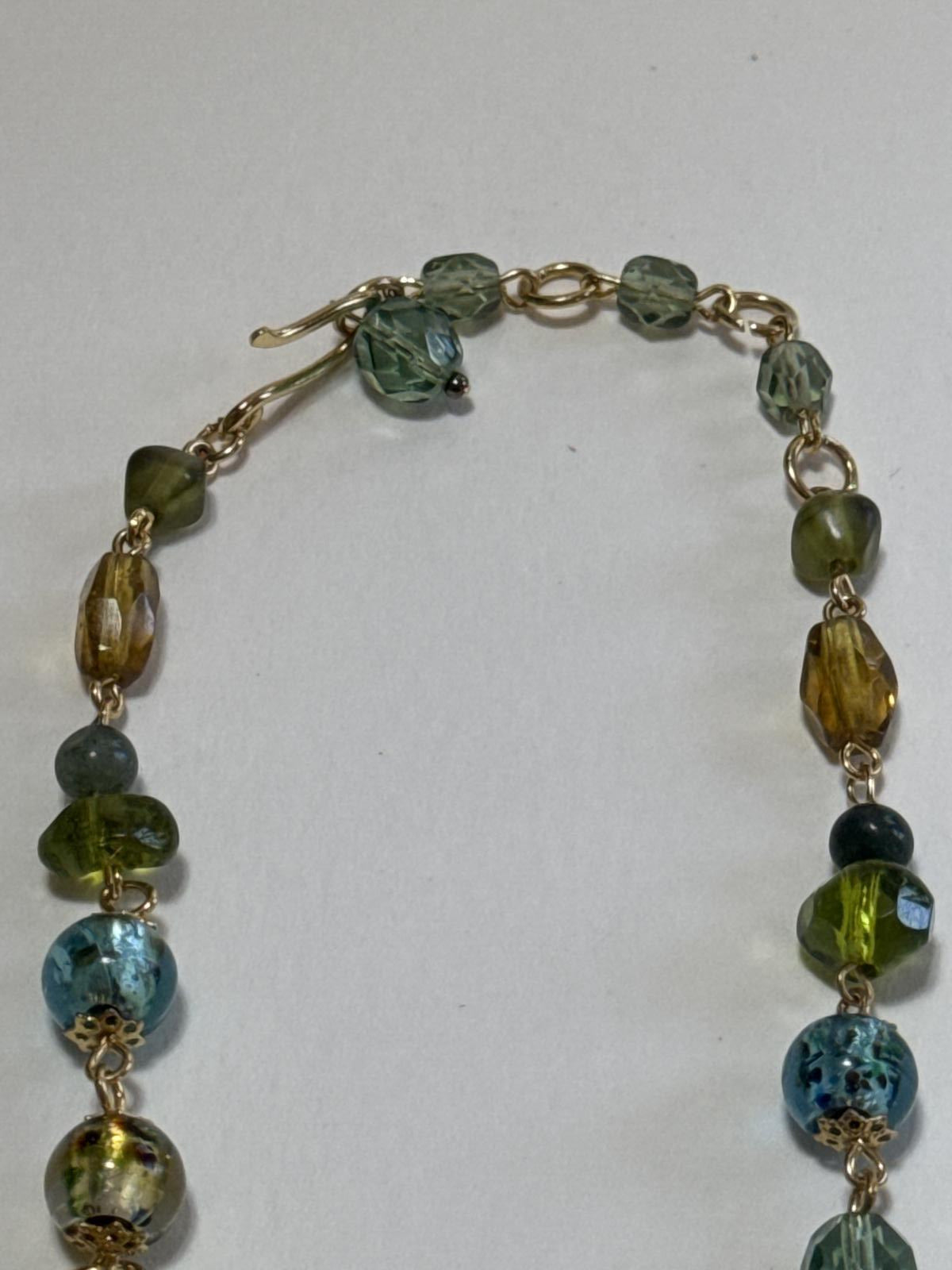 Multi-Strand Beaded Necklace – Green & Blue Glass Bead Statement Jewelry