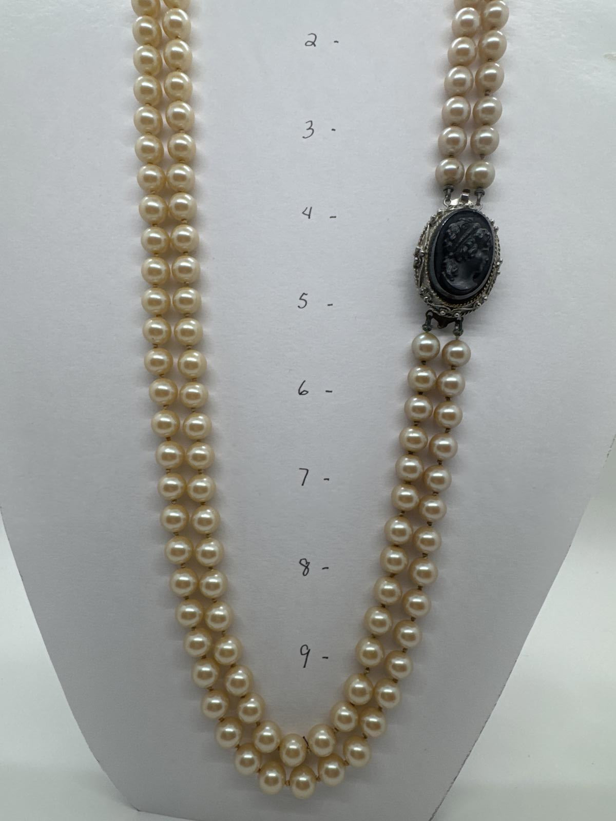 Elegant Vintage Two-Strand Faux Pearl Necklace with Cameo Pendant