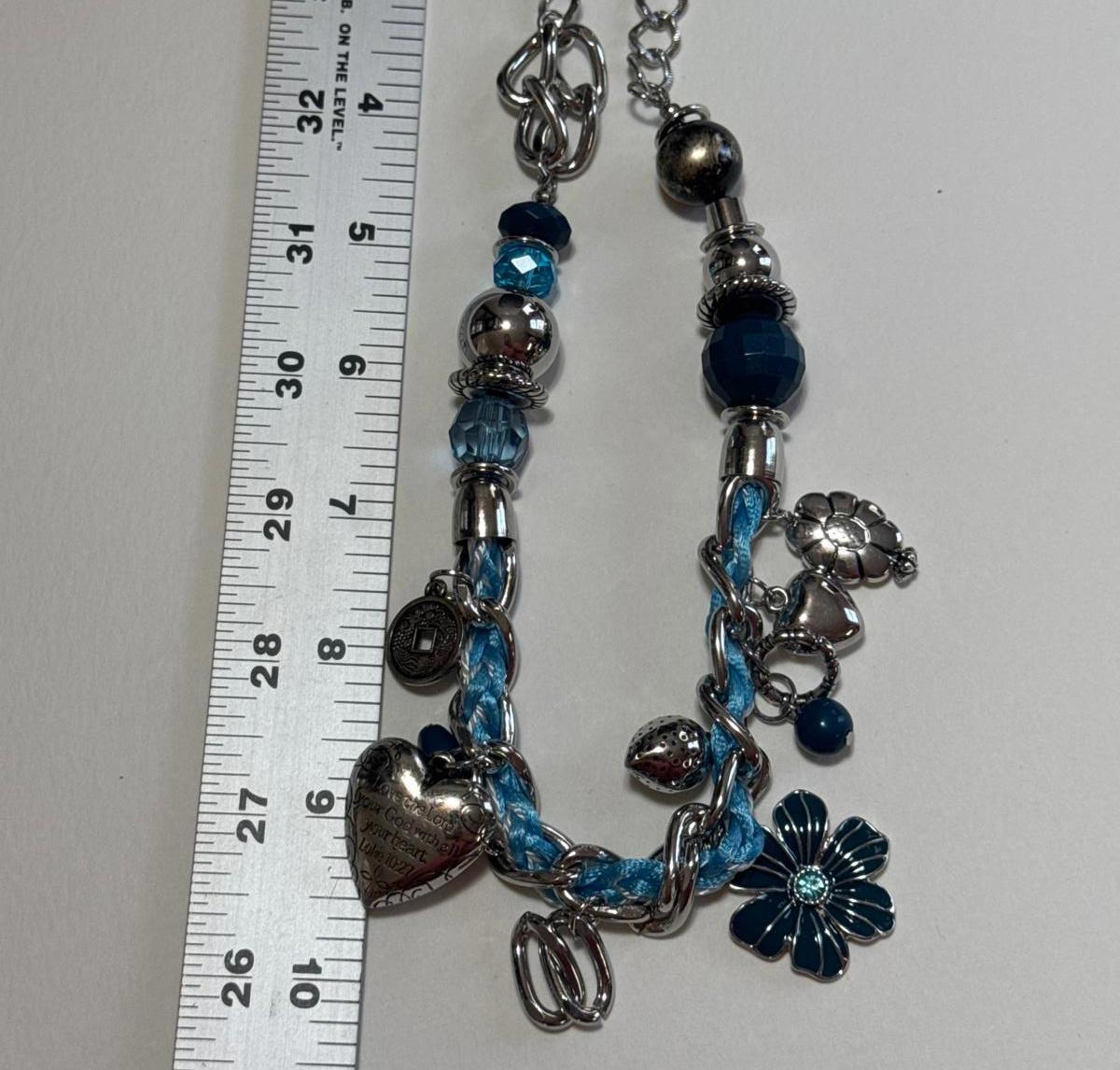 Silver-Tone Blue Charm Necklace – Braided Chain Faith & Floral Pendant Jewelry