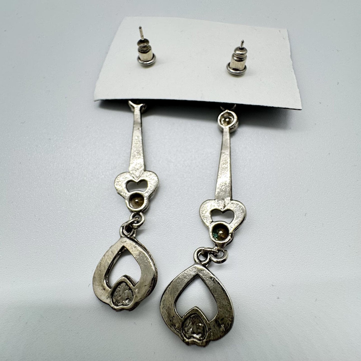 Vintage Art Deco-Style Silver-Tone Dangle Earrings – Green & Red Accents