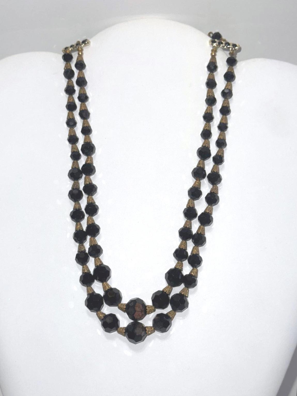 Vintage Black Faceted Bead Necklace – Double Strand Gold-Tone Statement Jewelry