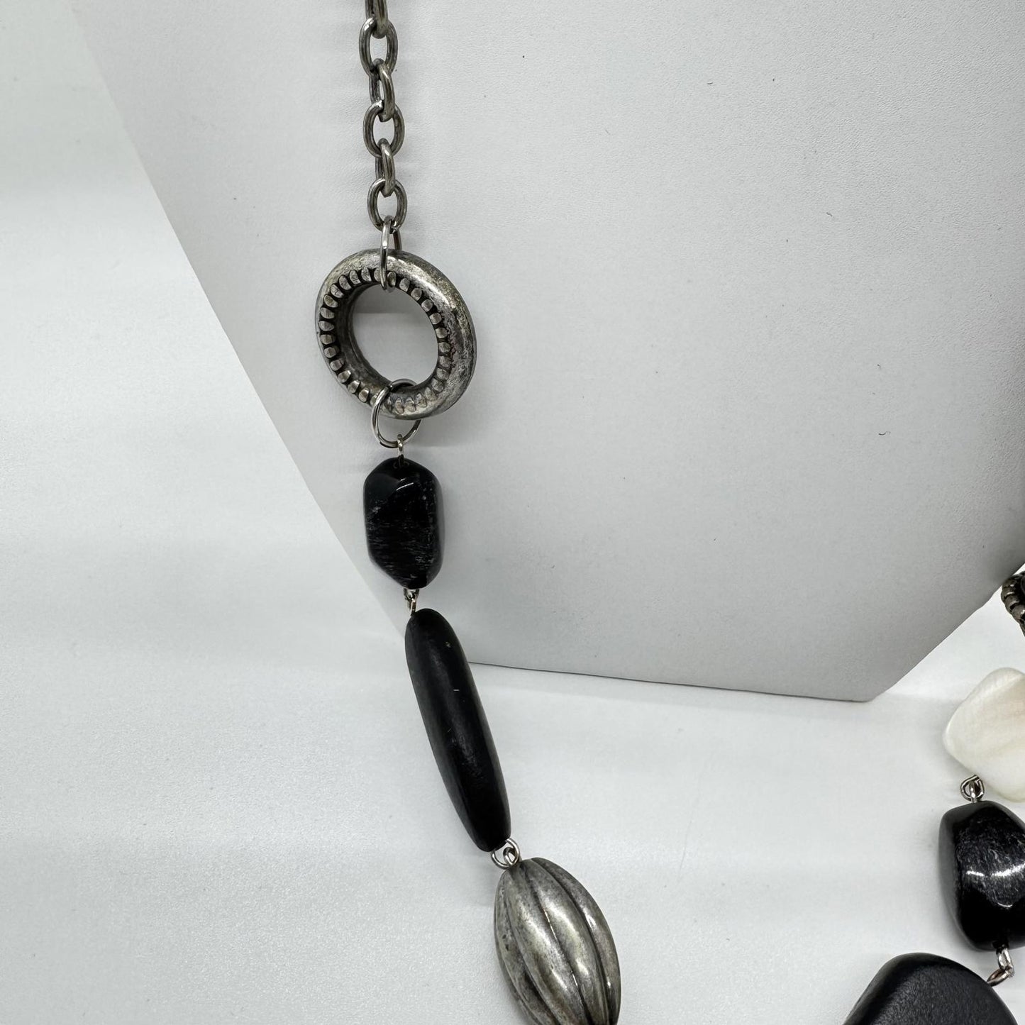 Black & White Mixed Bead Long Statement Necklace – Modern Boho Chunky Jewelry