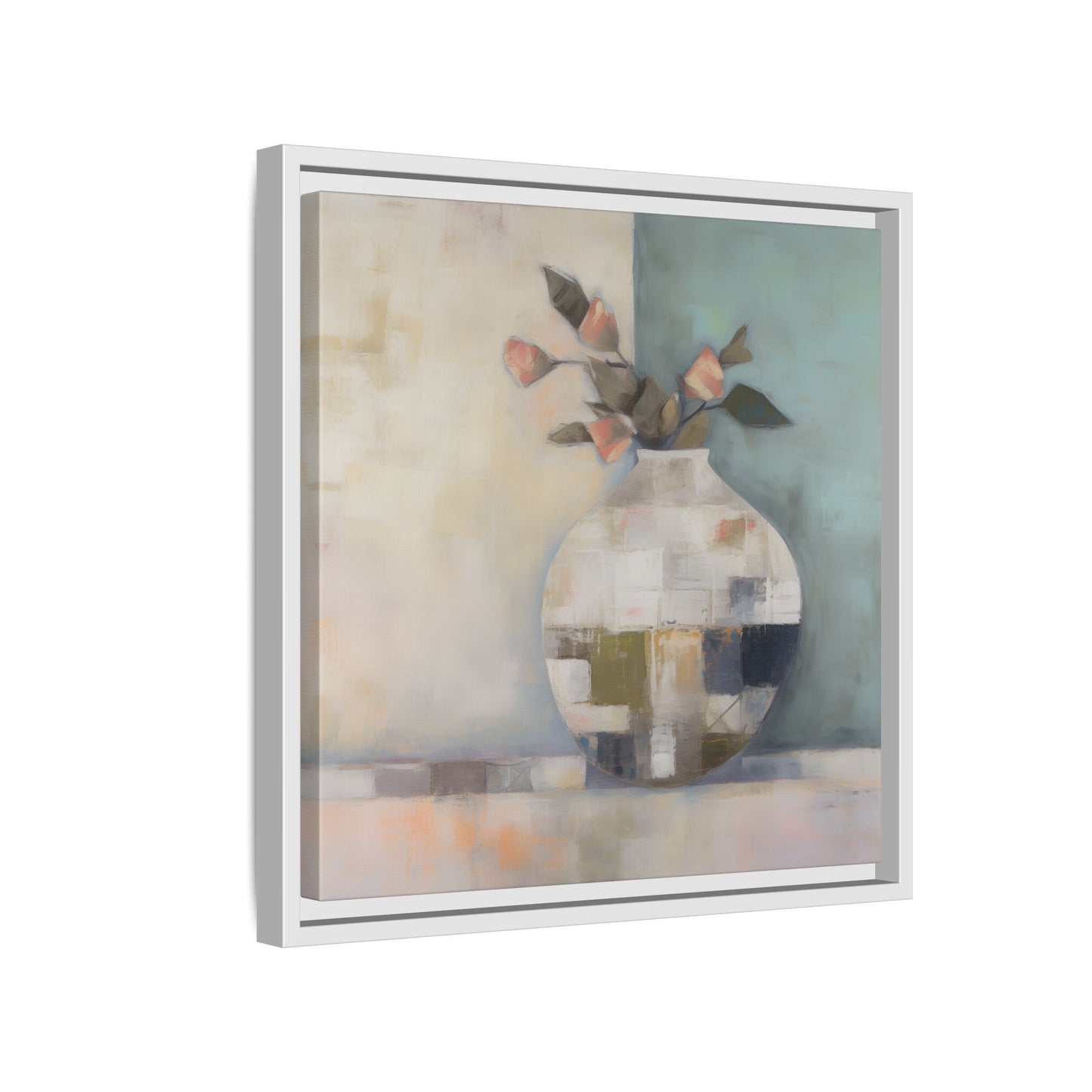 Geometric Floral Still Life Wall Art – Framed Abstract Canvas with Vase and Blush Pink Buds