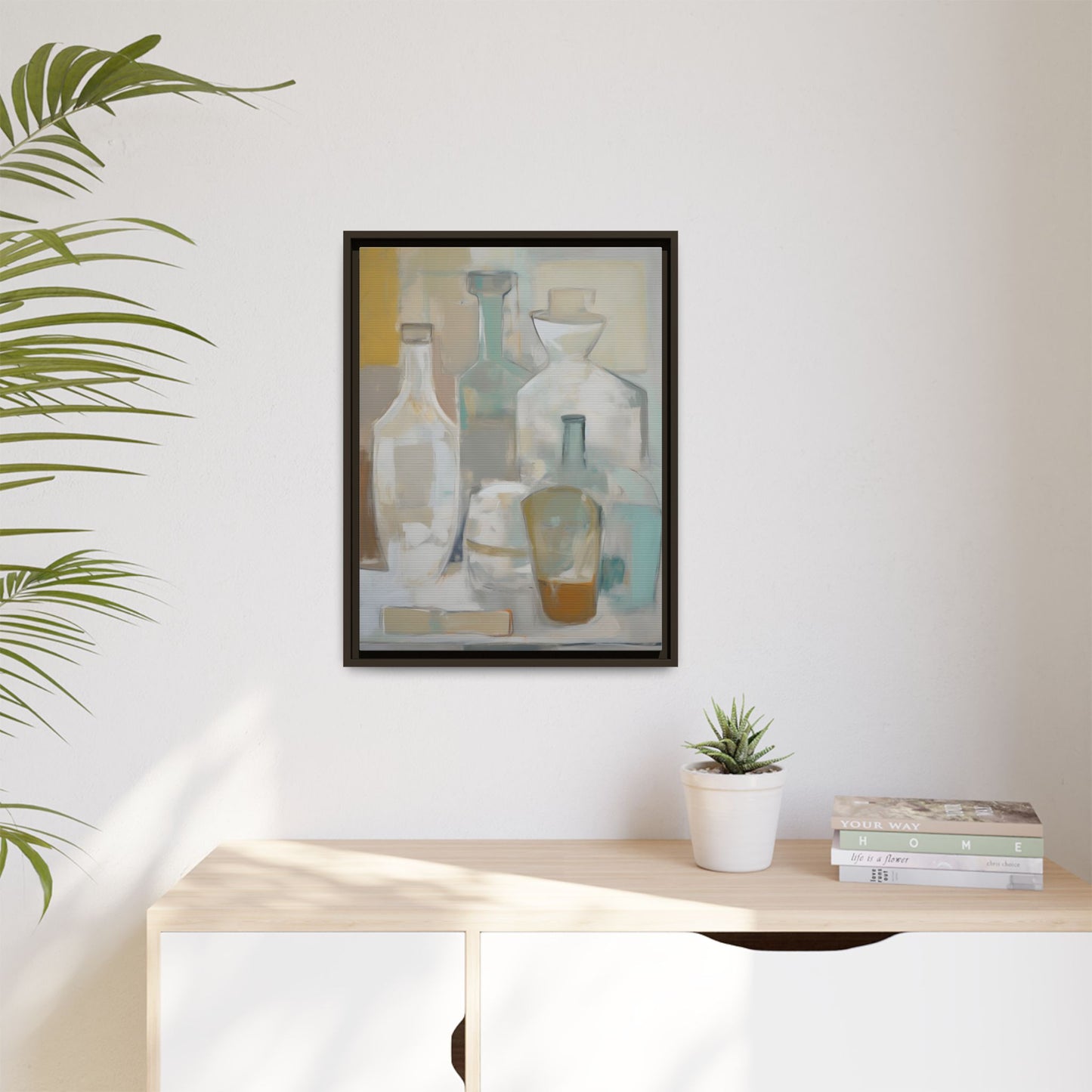 Modern Still Life Wall Art – Neutral Bottles Framed Canvas in Beige, Aqua & Amber